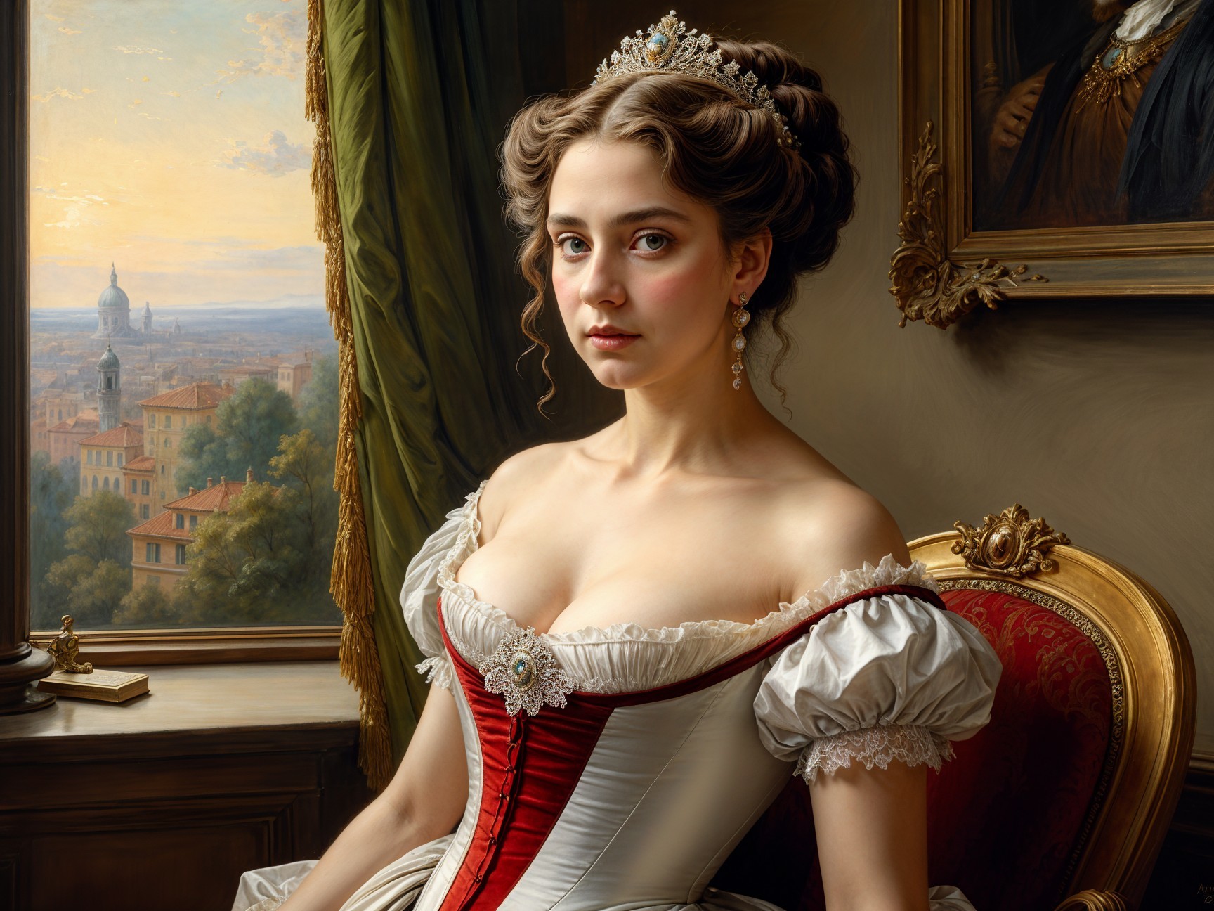 Regal Woman in Lavish Room with Cityscape View
