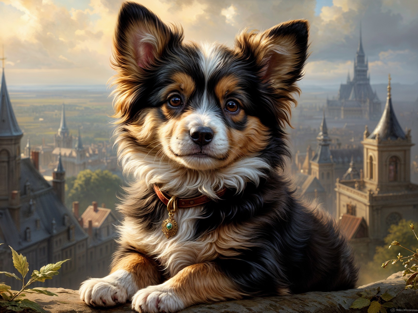 Charming Dog in Scenic Landscape with Castle Background