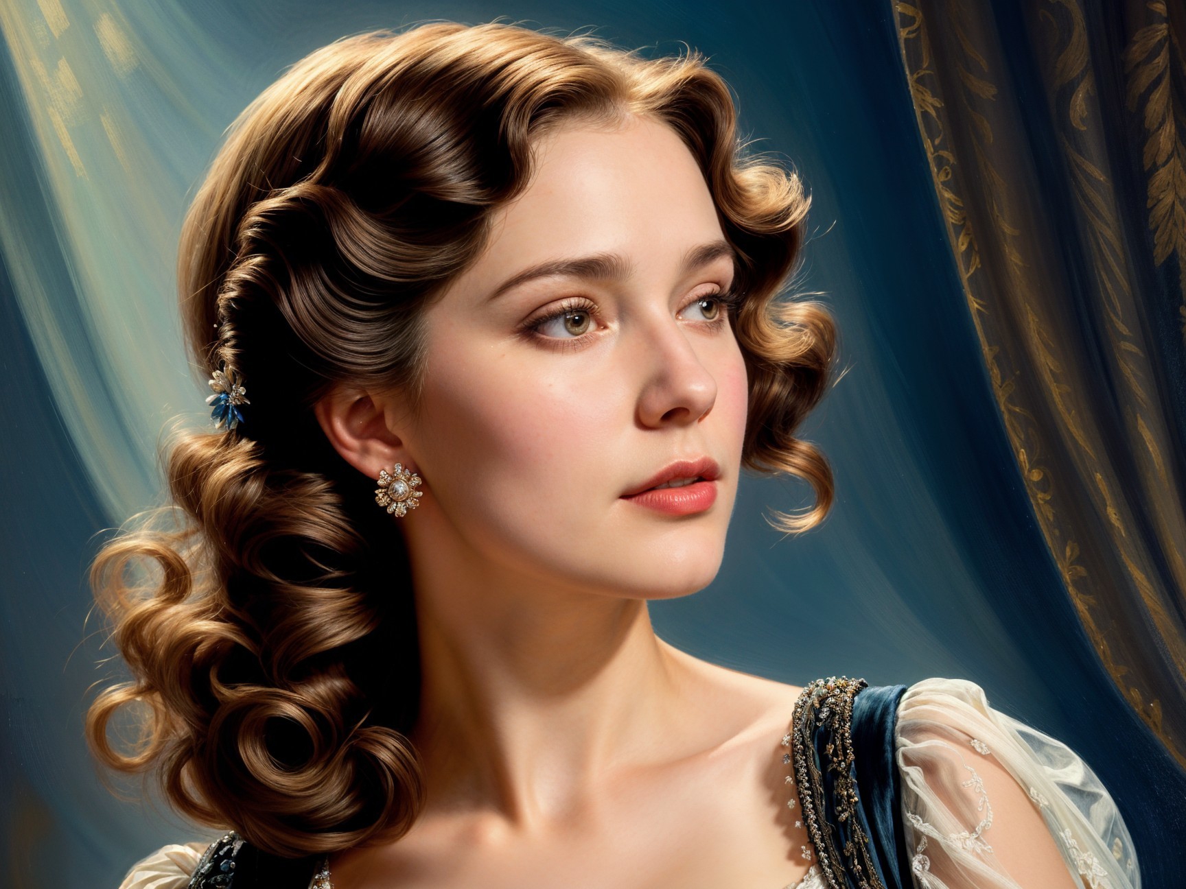 Young woman with curls and vintage-style earrings