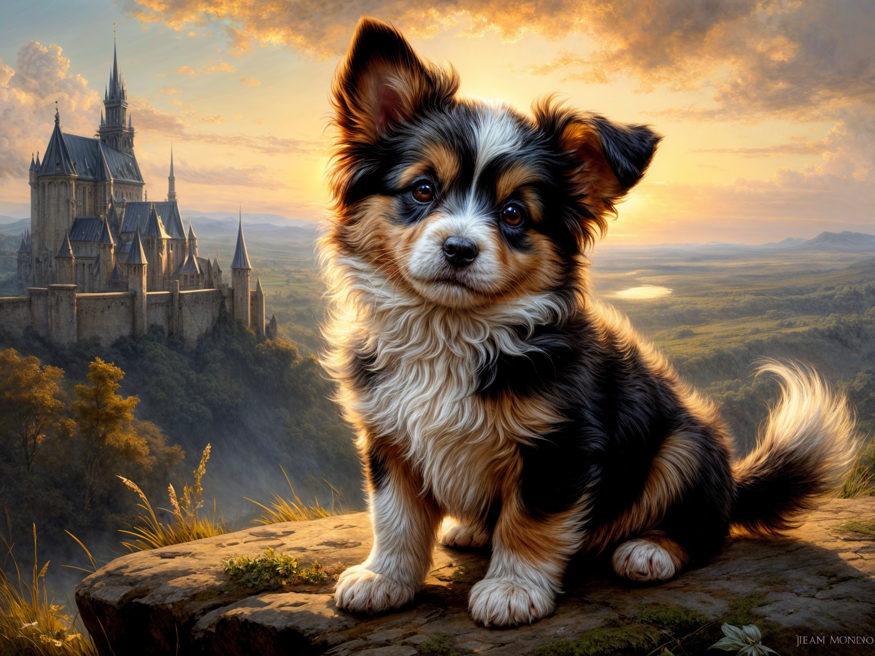 Fluffy Tri-Colored Dog with Castle at Sunset Scene