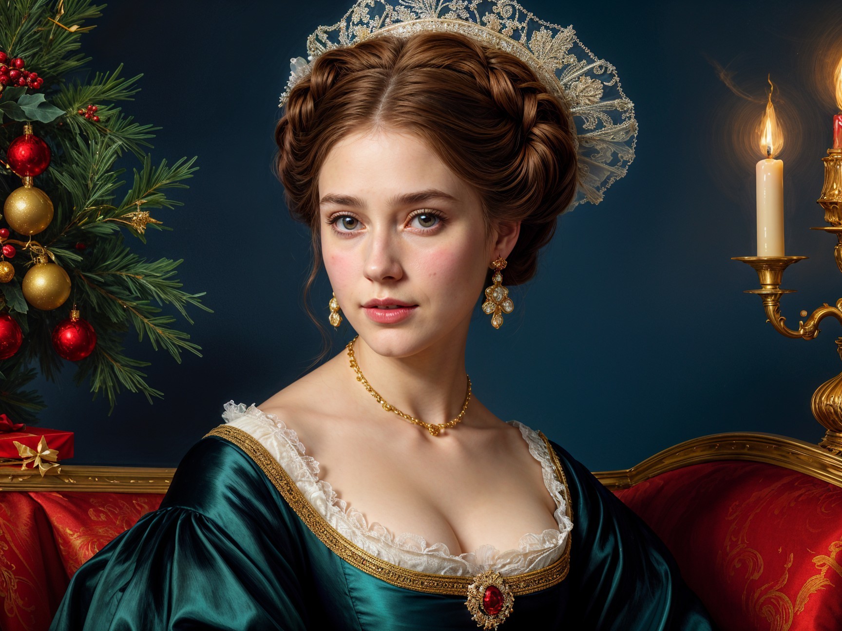 Elegant Young Woman in Dark Green Gown at Christmas