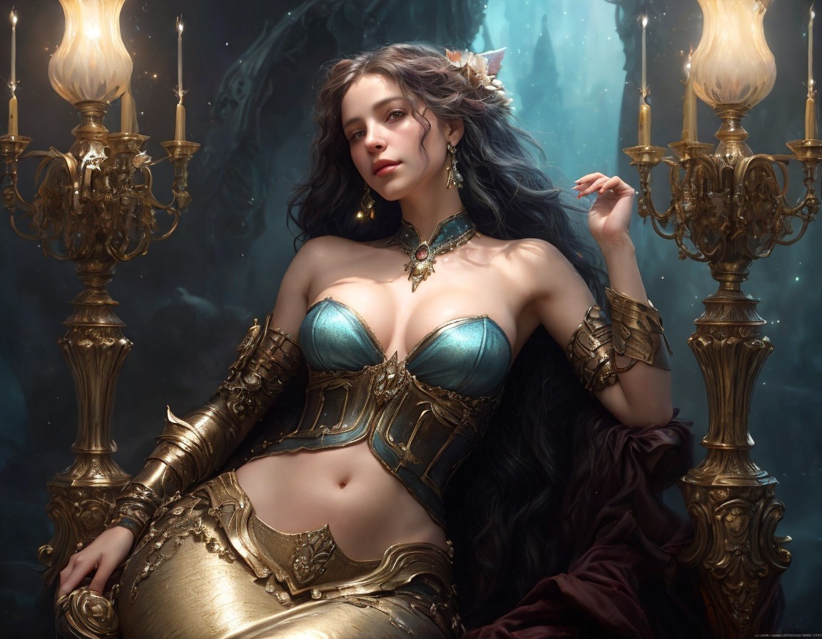Illustration of Woman in Gold and Blue Armor