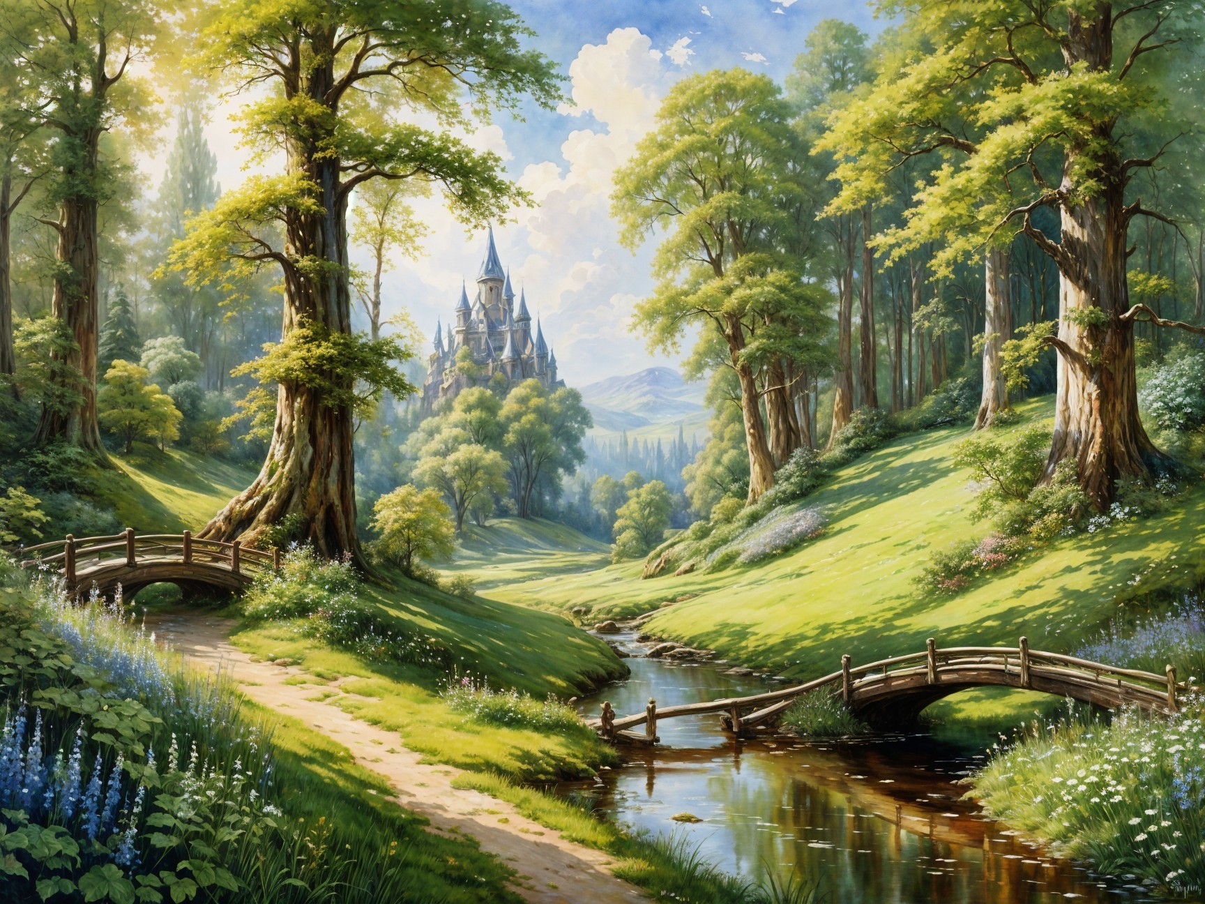 Serene Landscape with Castle and Flowing Stream