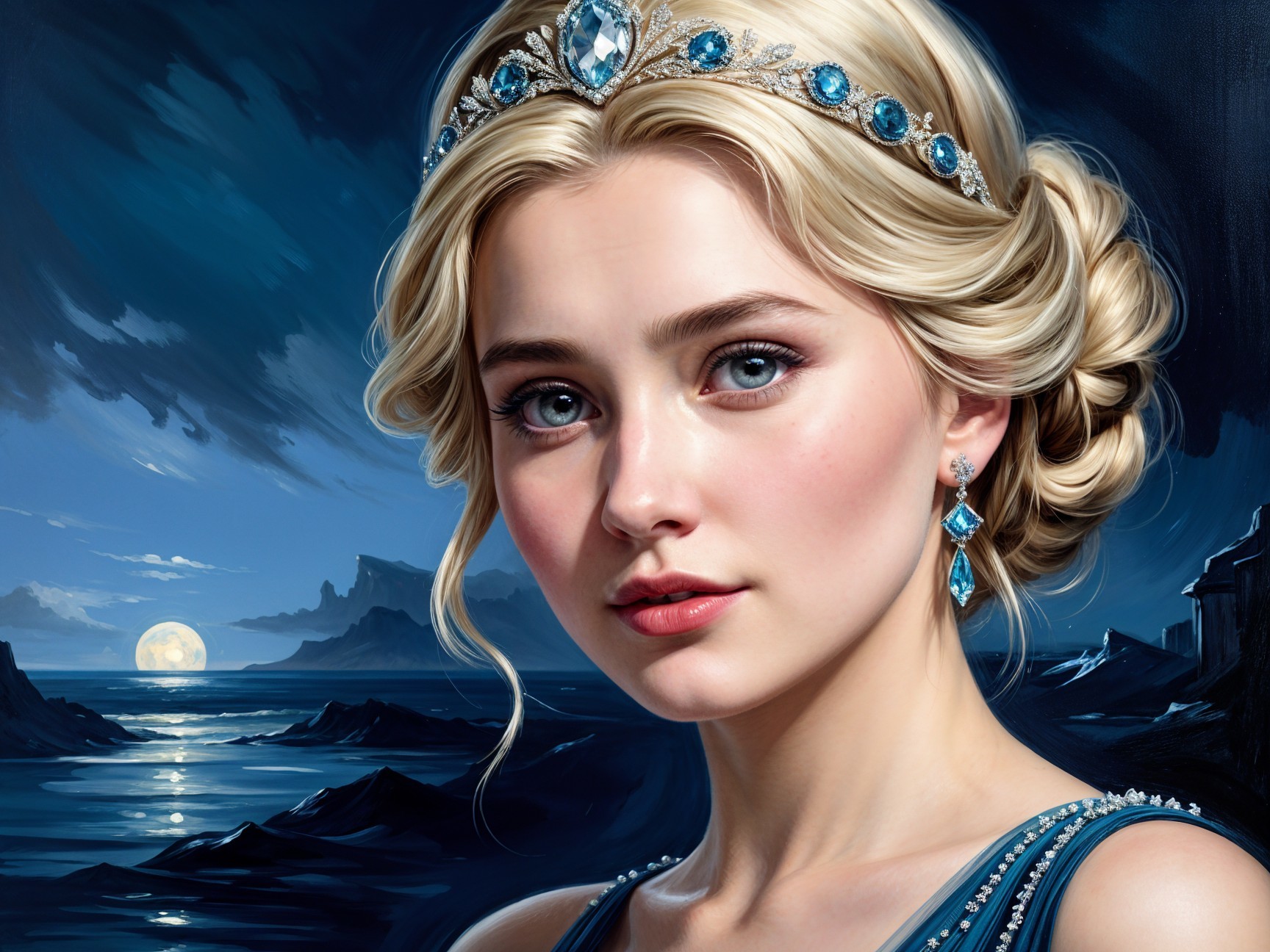 Young woman in blue gown by moonlit seascape