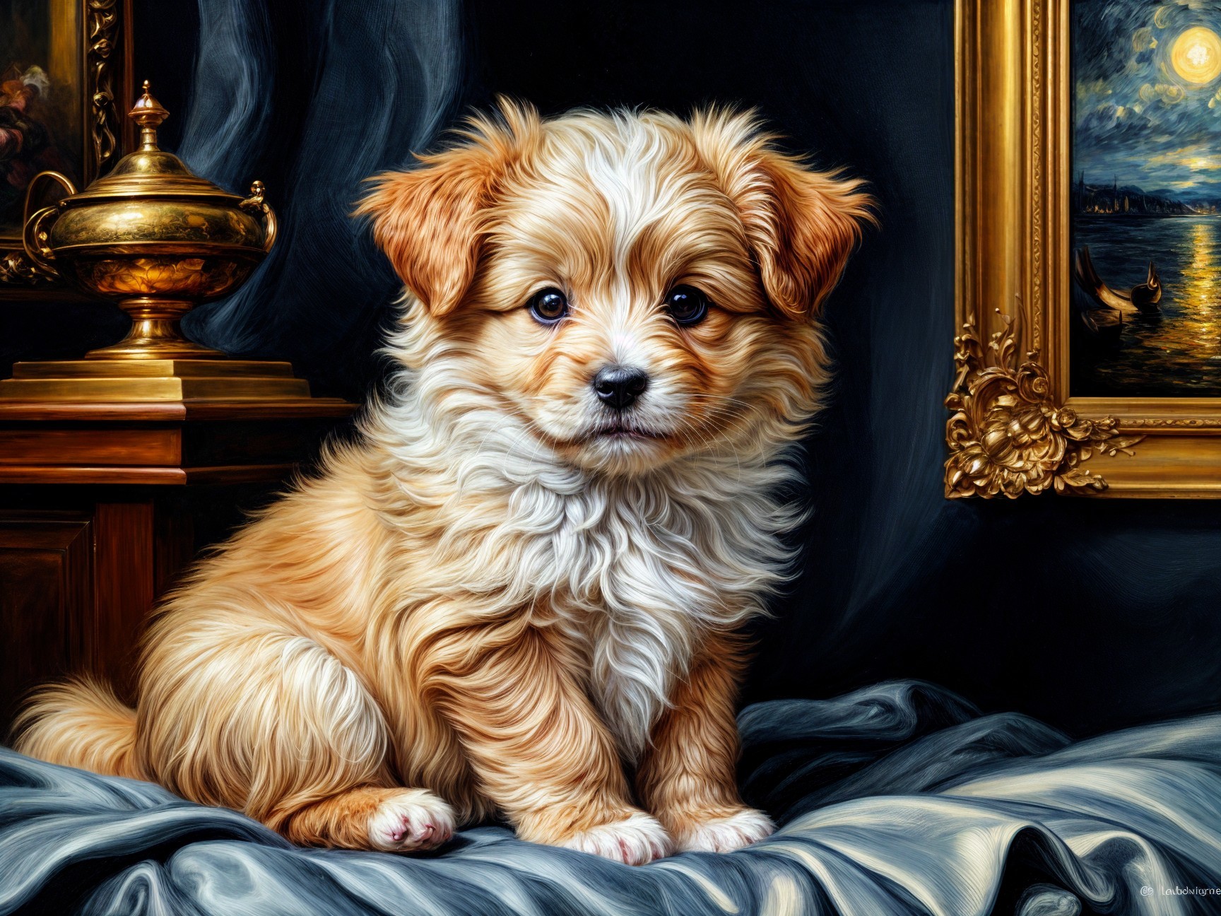 Fluffy Golden and White Puppy on Soft Gray Surface