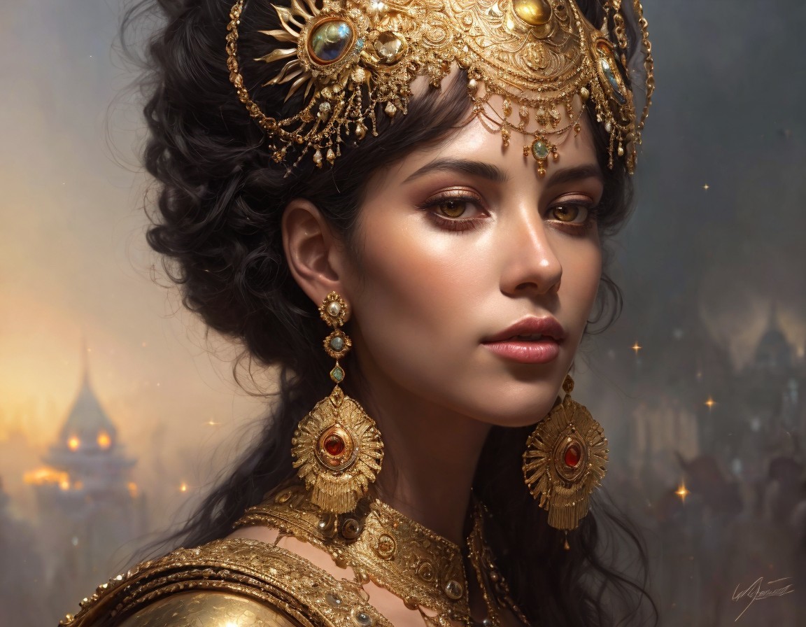 Portrait of a woman in gold jewelry with a magical background