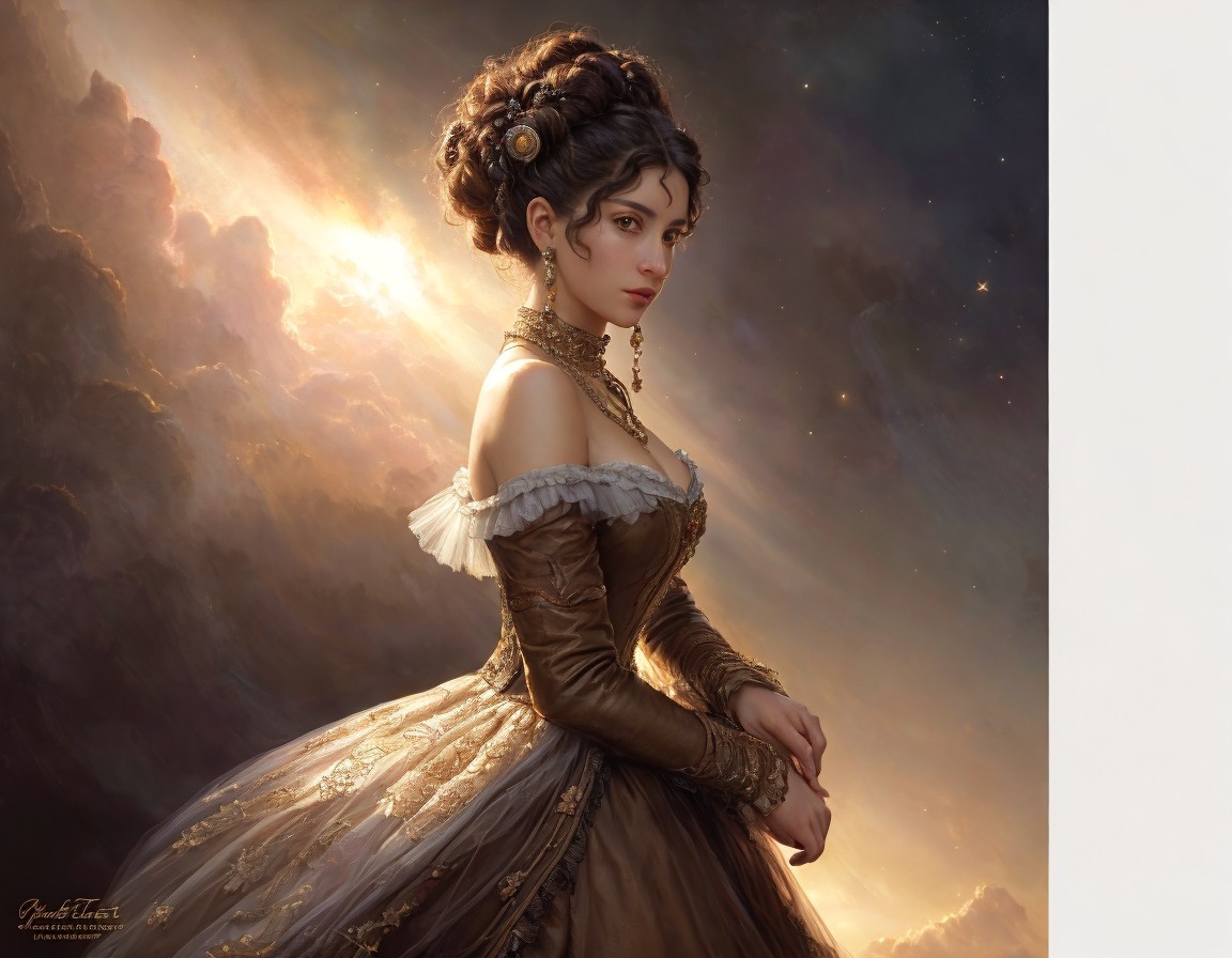 Victorian Woman in Elegant Gown with Dramatic Sky