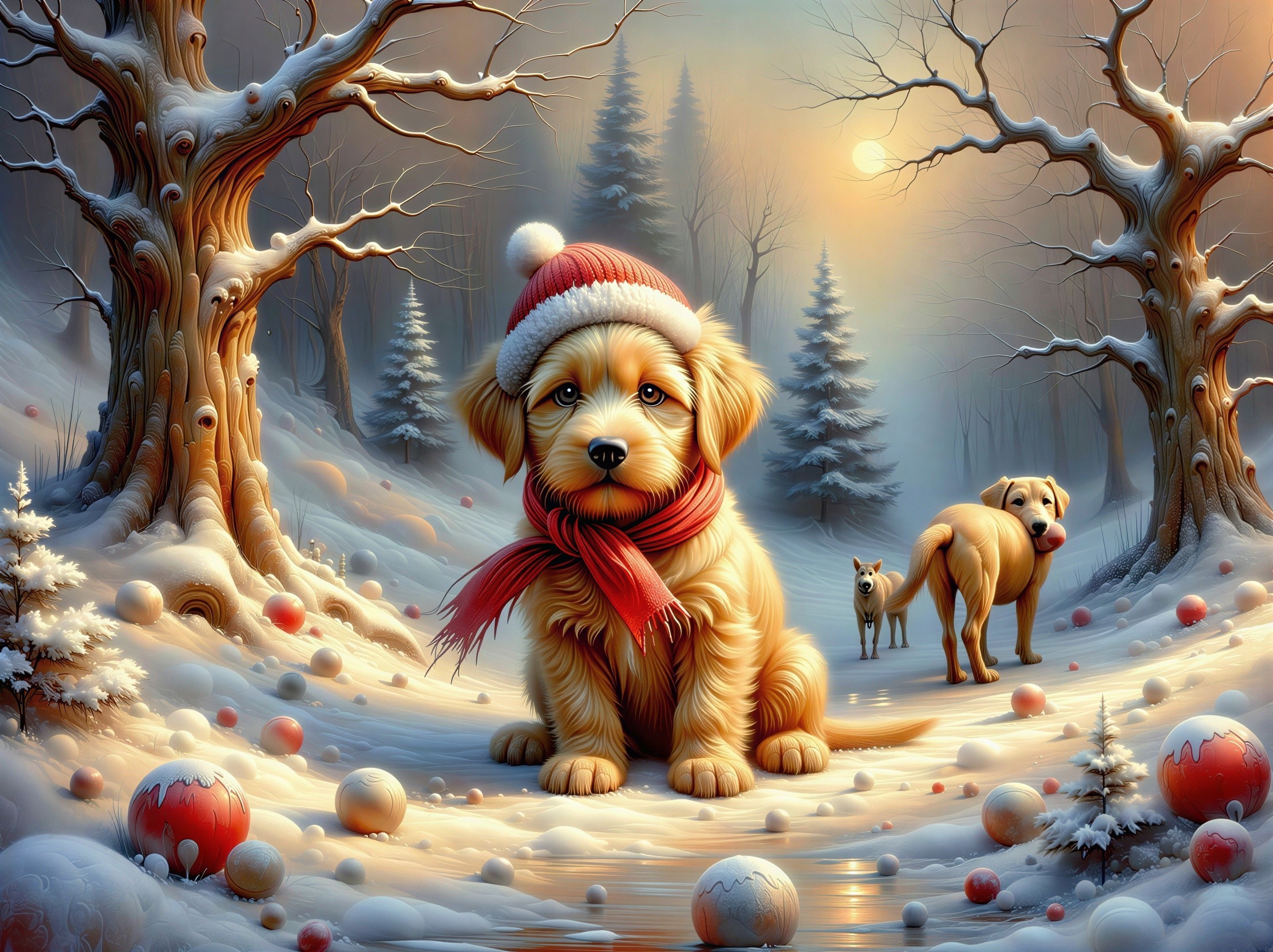 Golden Retriever Puppy in Snow with Holiday Decor