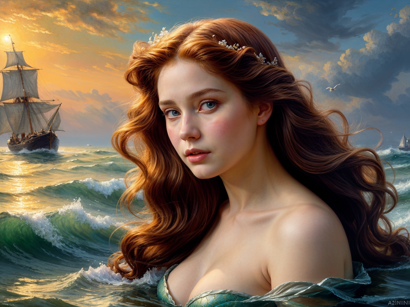 Young woman in waves with ship at sunset backdrop