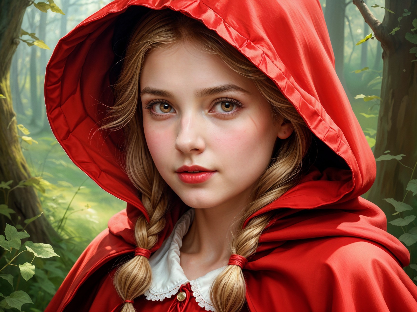 Young girl in red cloak amidst forest greenery