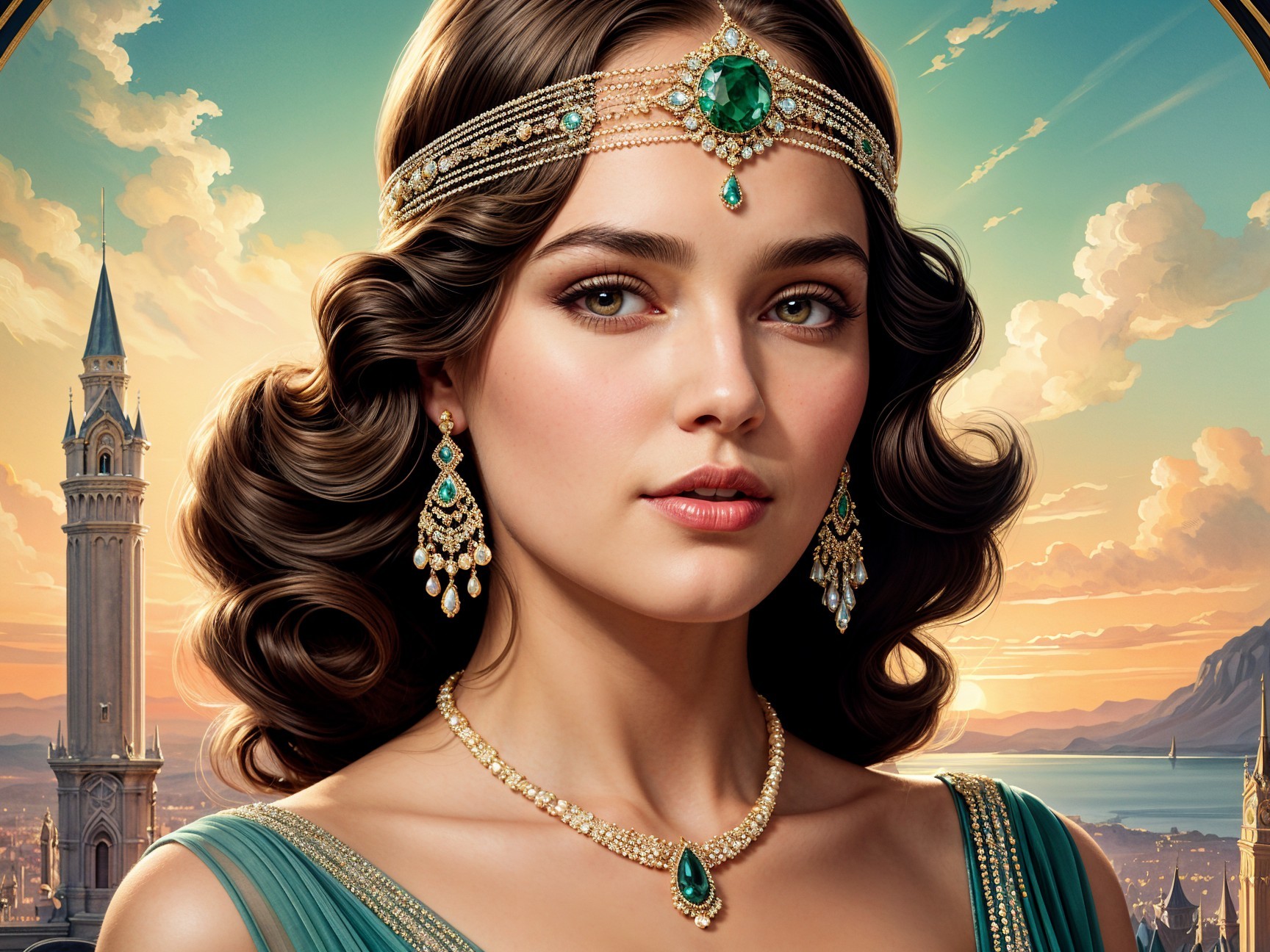 Young woman in elegant gown with emerald jewelry