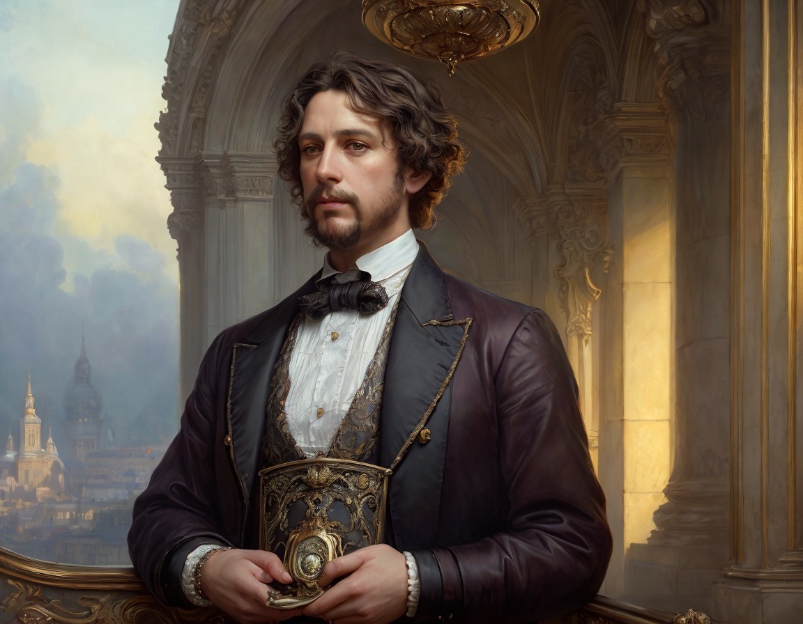 Elegant Man in Formal Attire Against Grand Architecture