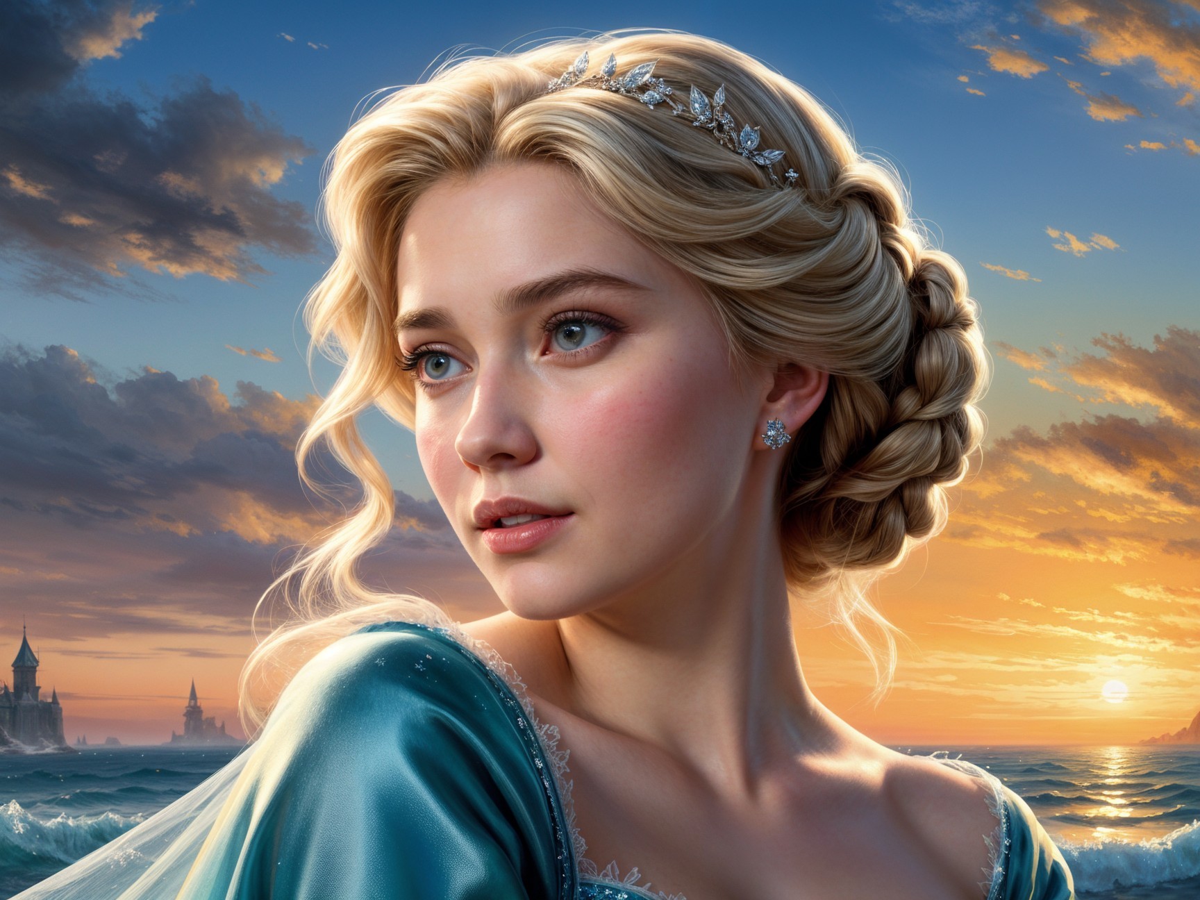 Young Woman with Tiara Against Sunset and Castles