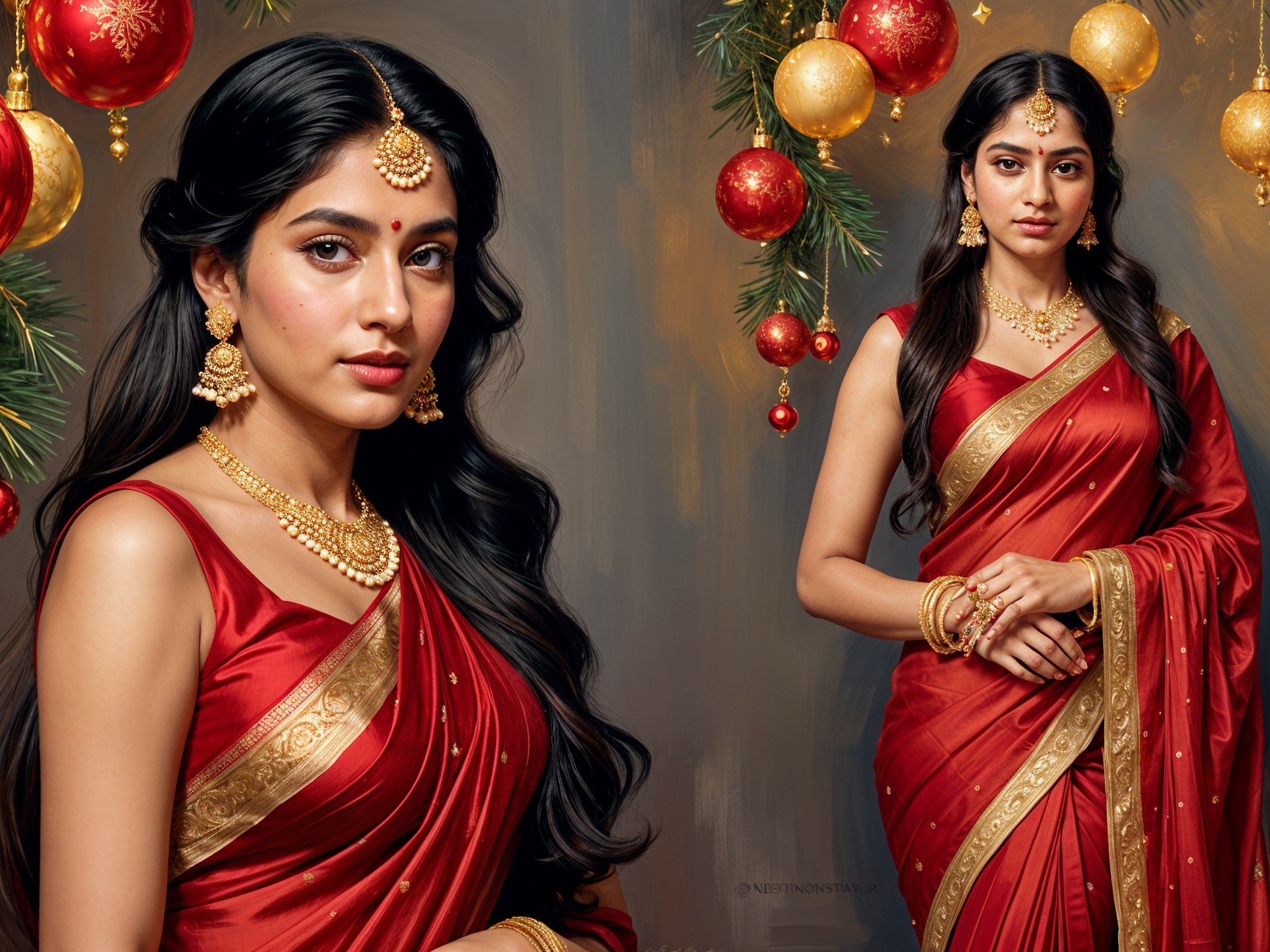 Elegant Woman in Red Saree with Gold Accents