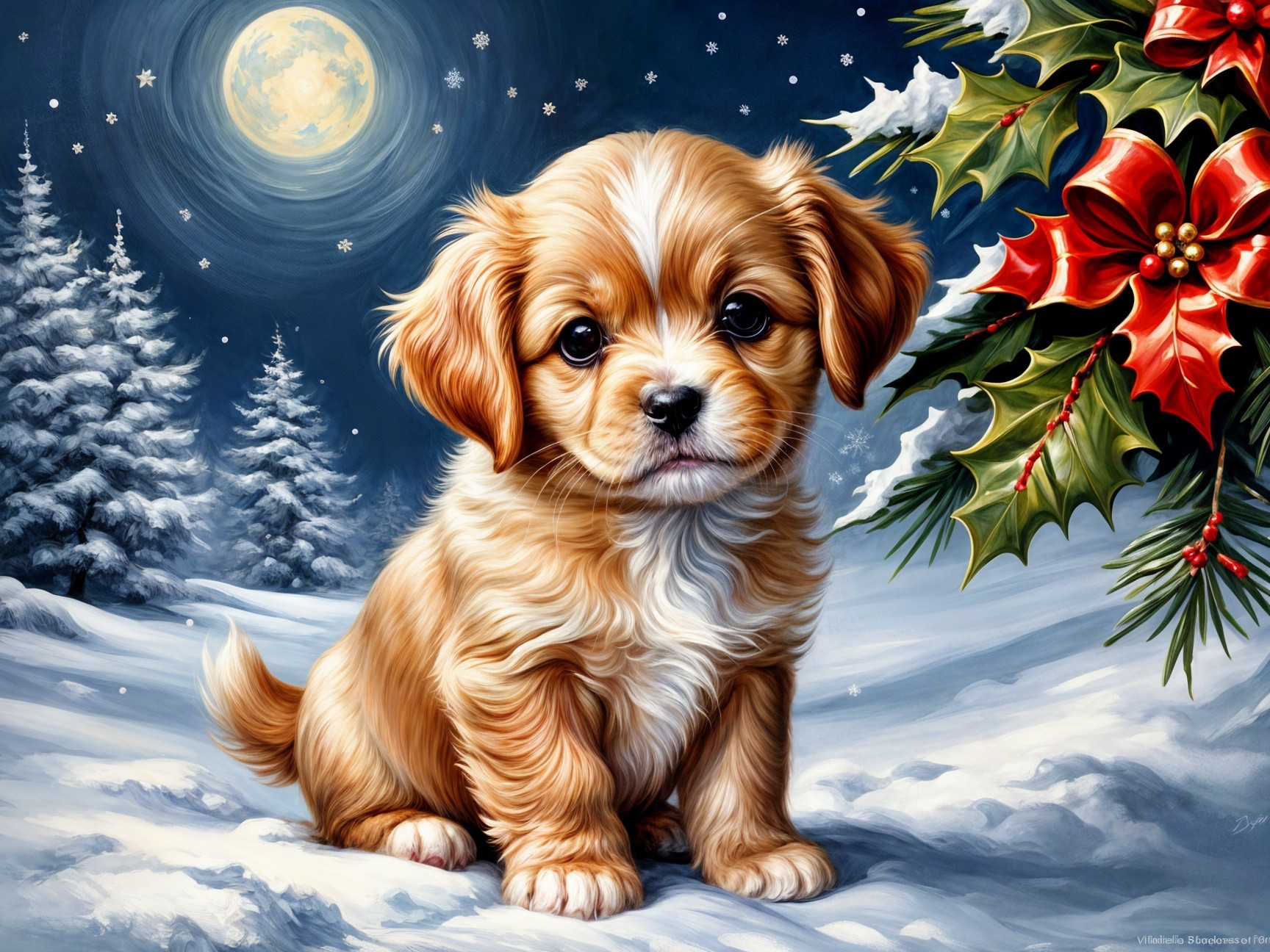Fluffy Puppy in Snowy Winter Landscape with Holly