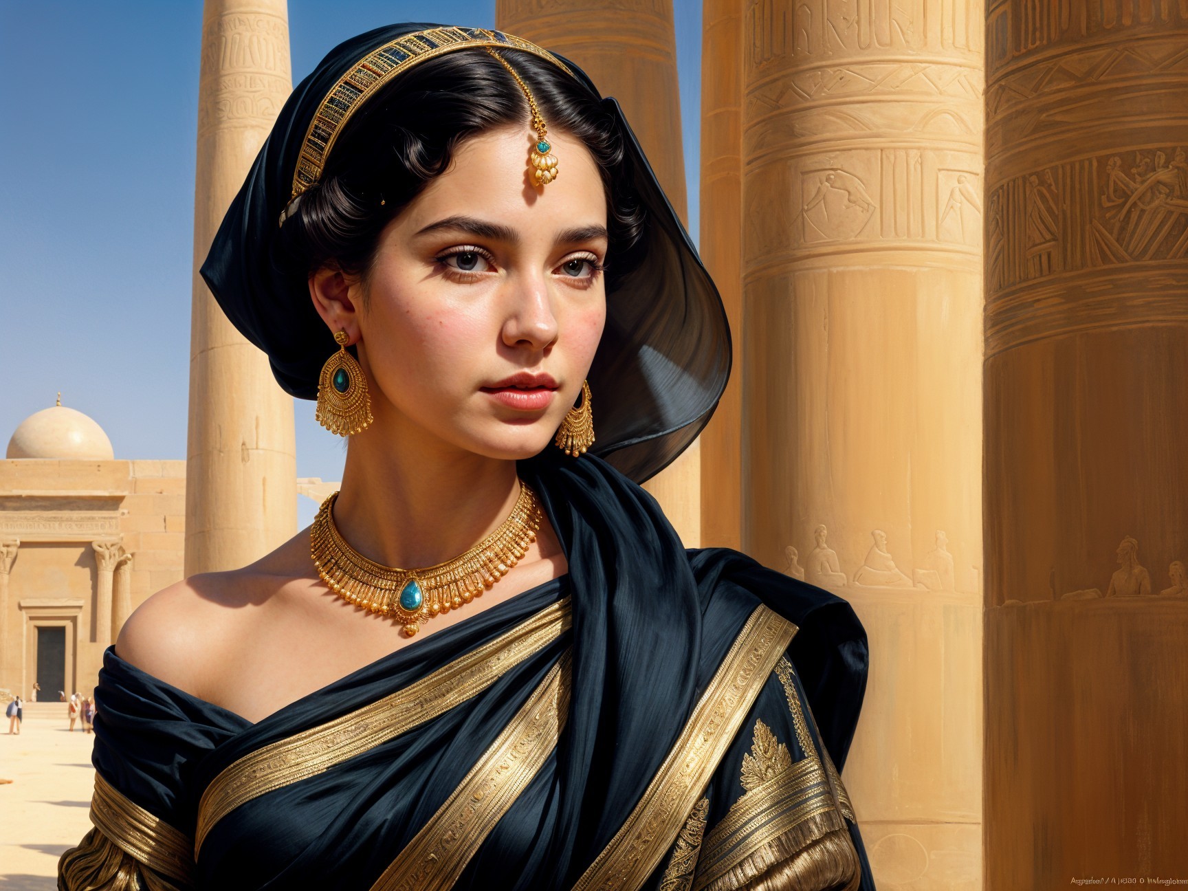 Young Woman in Traditional Attire by Ancient Columns