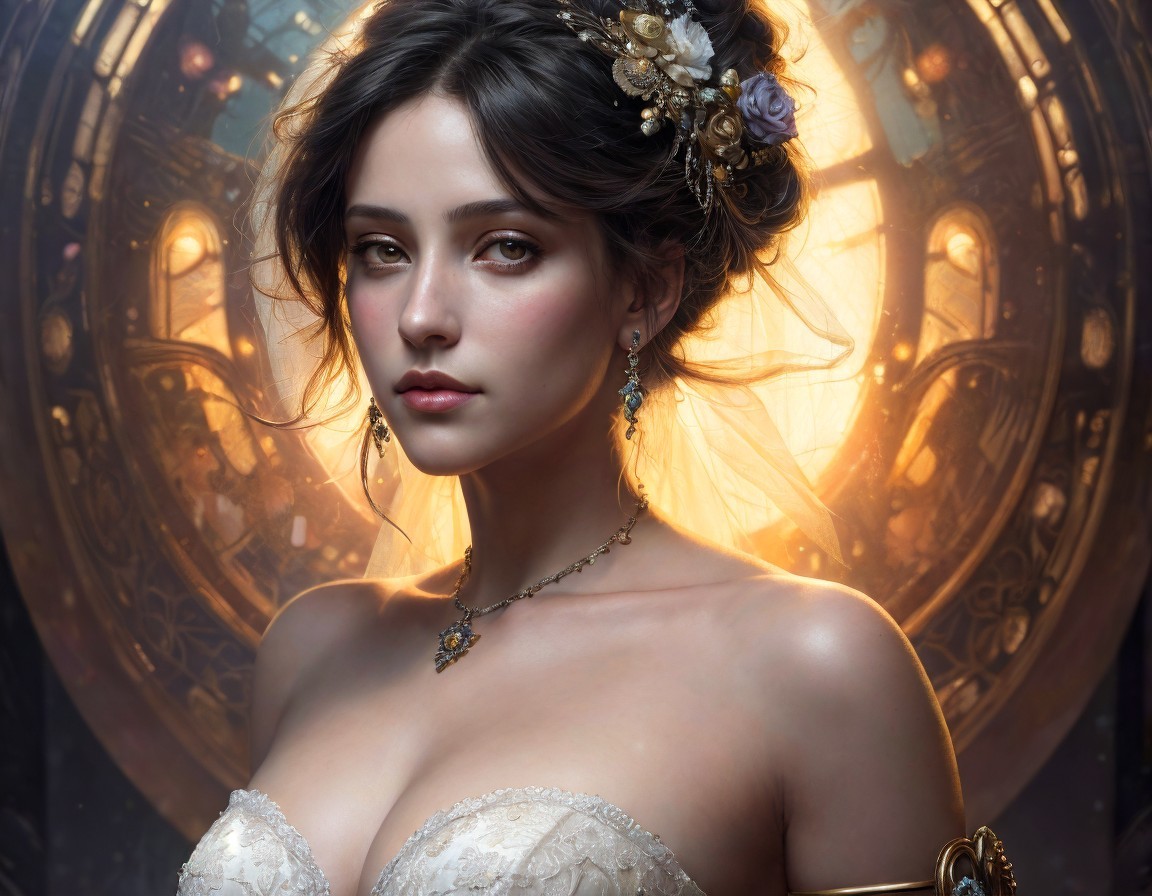 Portrait of a Young Woman in Elegant Gown and Jewelry