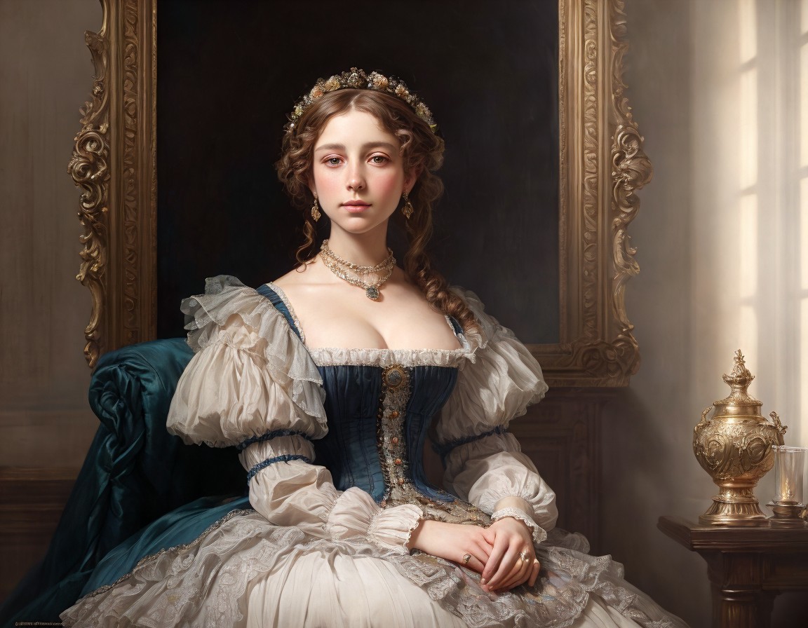 Woman in 19th-Century Style Dress Sitting by Sunlit Window