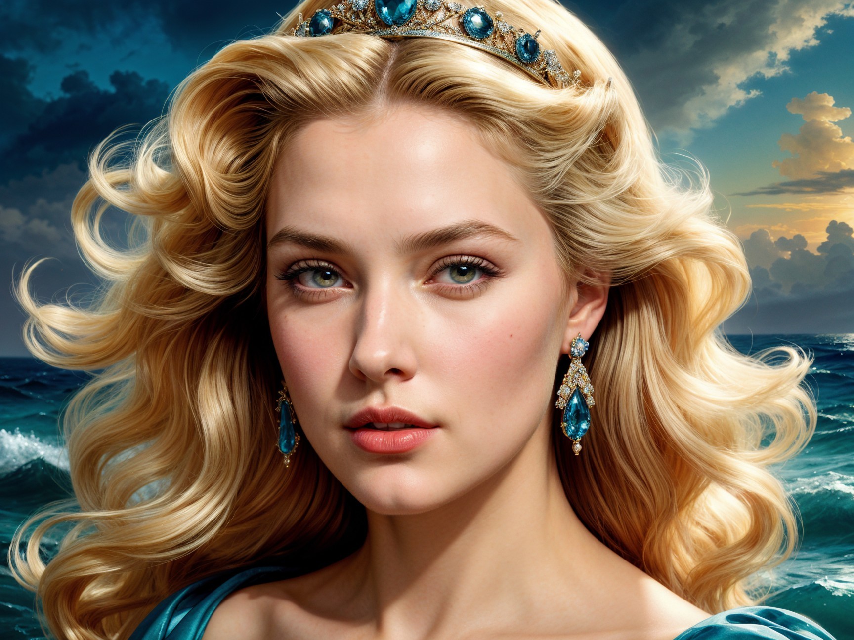 Young woman with blonde hair and tiara by ocean waves