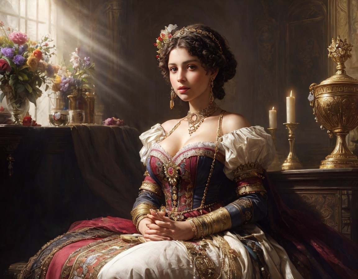 Elegant woman in period dress with jewelry in richly decorated room