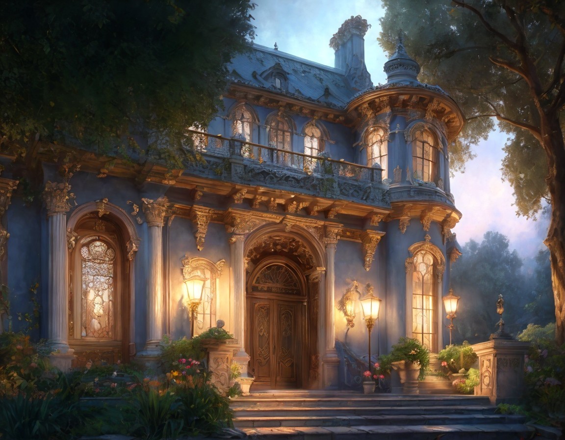 Elaborate mansion with light blue facade and twilight glow