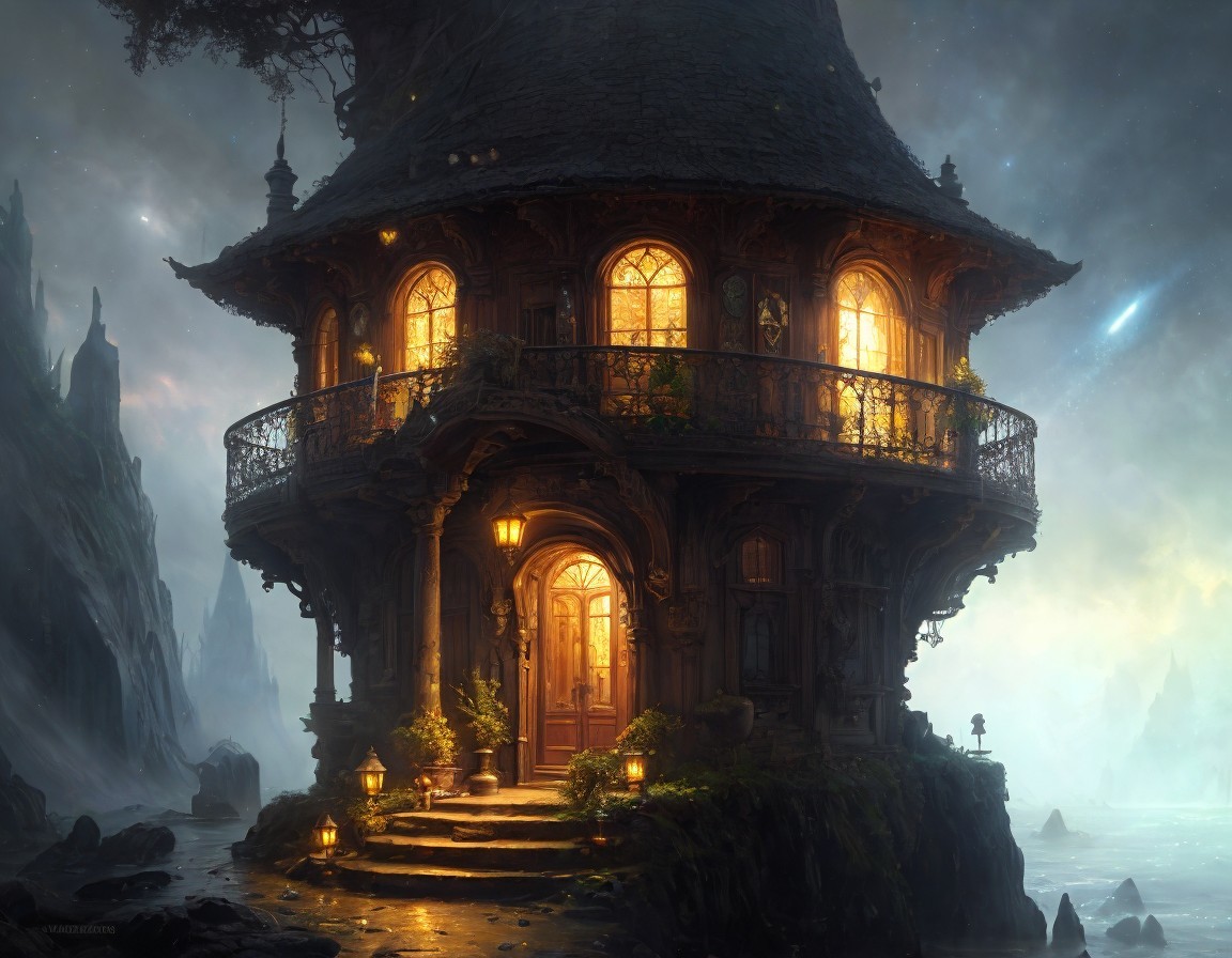 Enchanting House with Glowing Windows in Misty Landscape