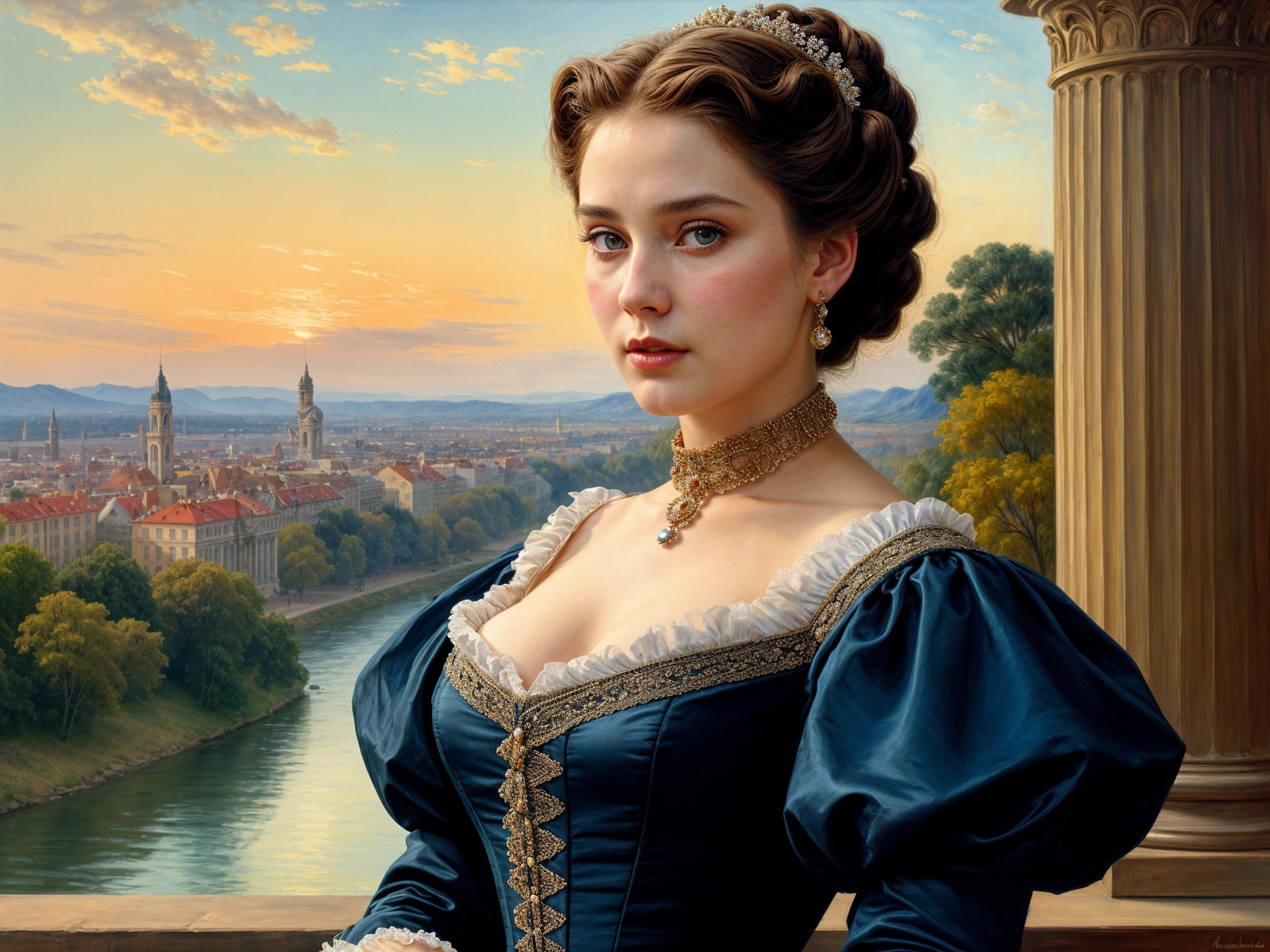 Young woman in blue gown against serene sunset landscape