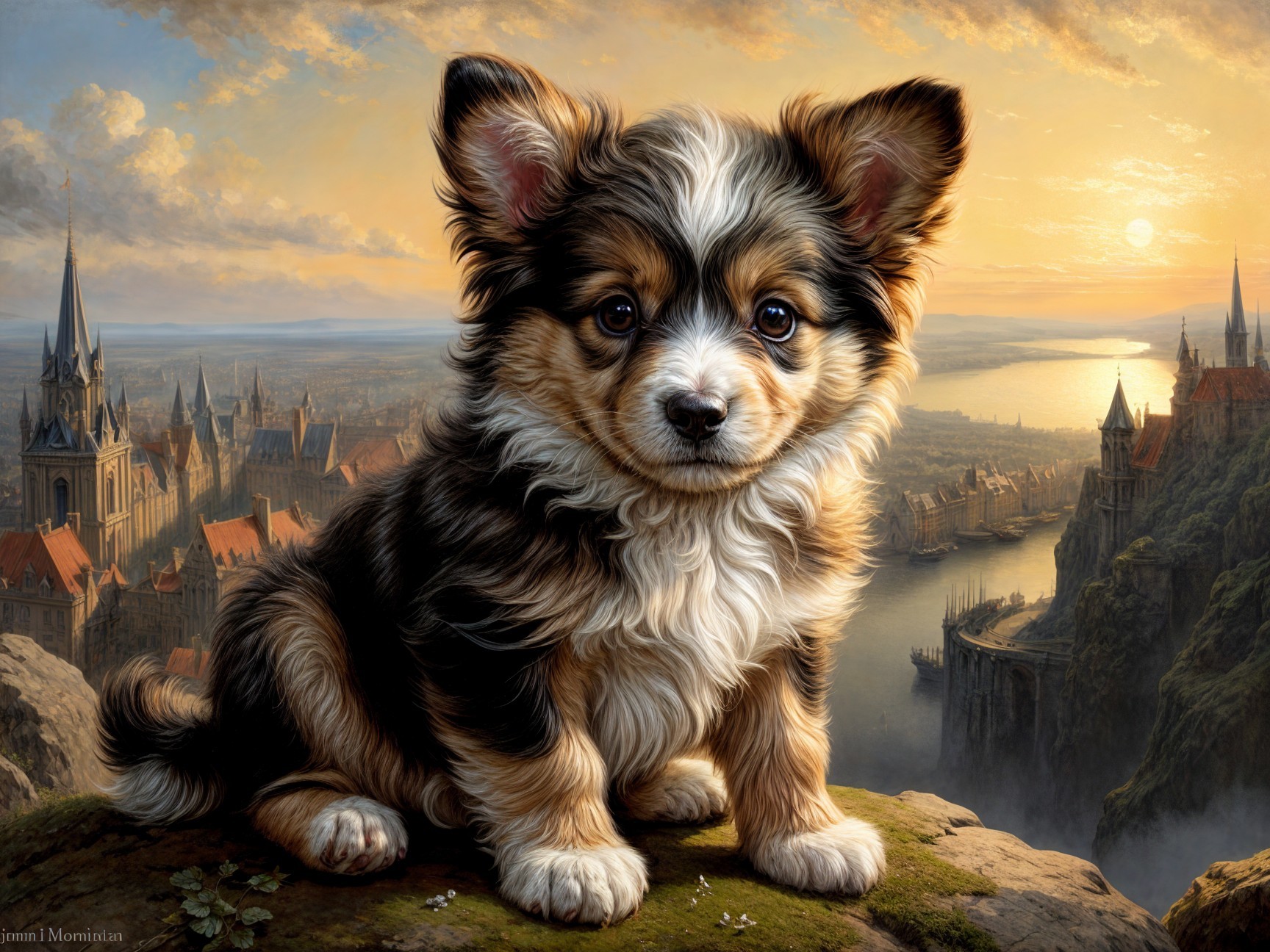 Fluffy Puppy Overlooking Scenic Fairy Tale Landscape