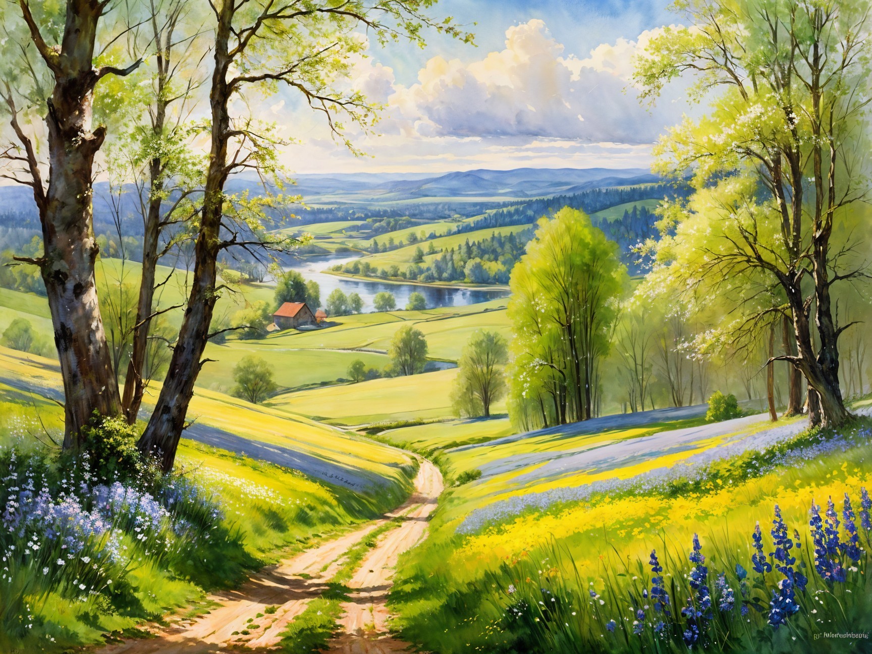 Lush Green Fields and Serene River Landscape Description