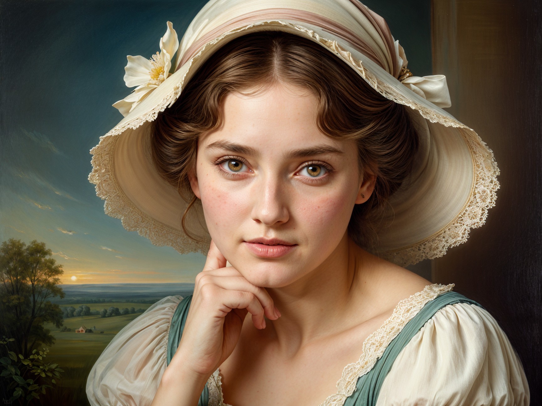 Young woman in elegant dress with serene sunset backdrop