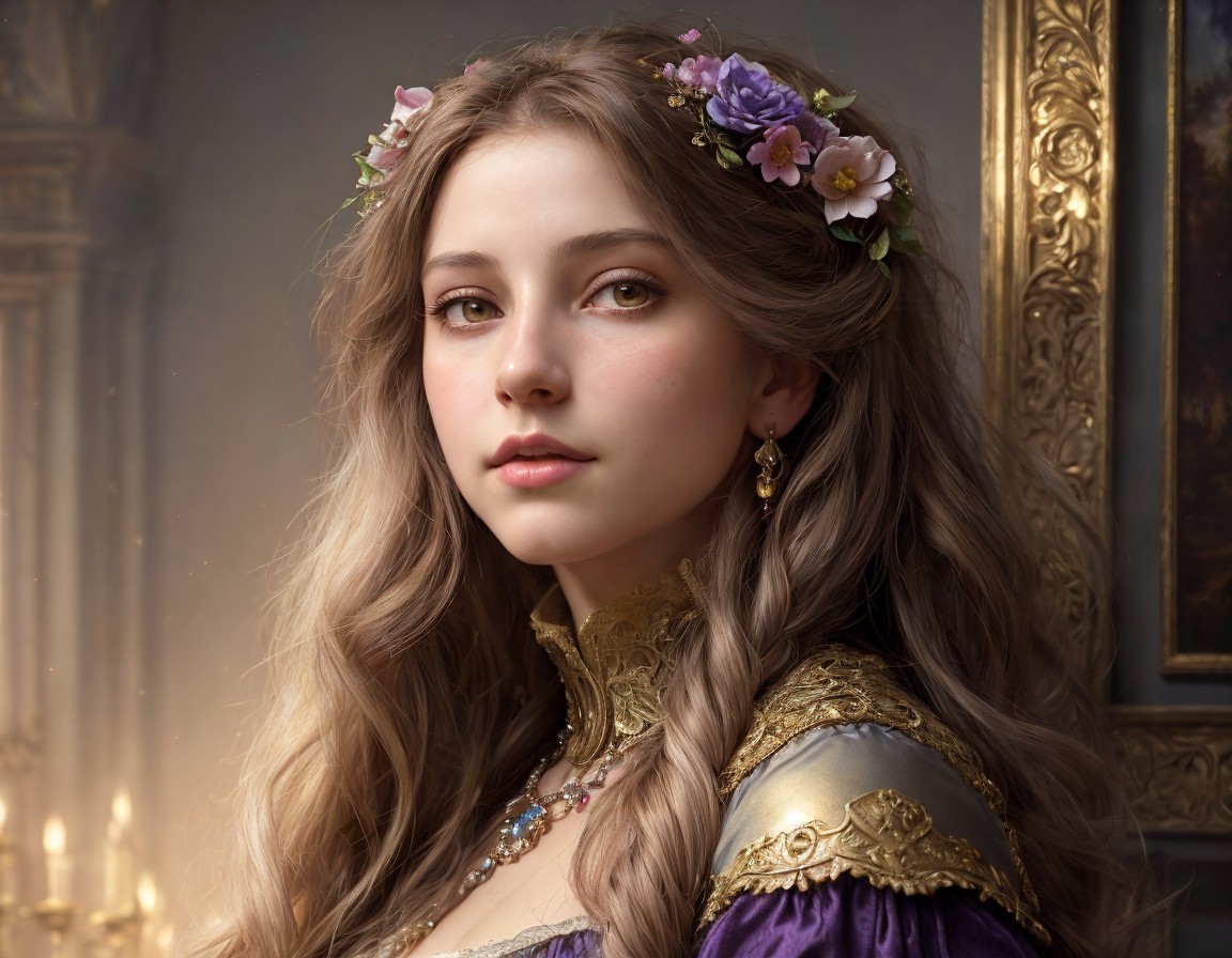 Woman in Floral Tiara and Vintage Dress in Opulent Setting