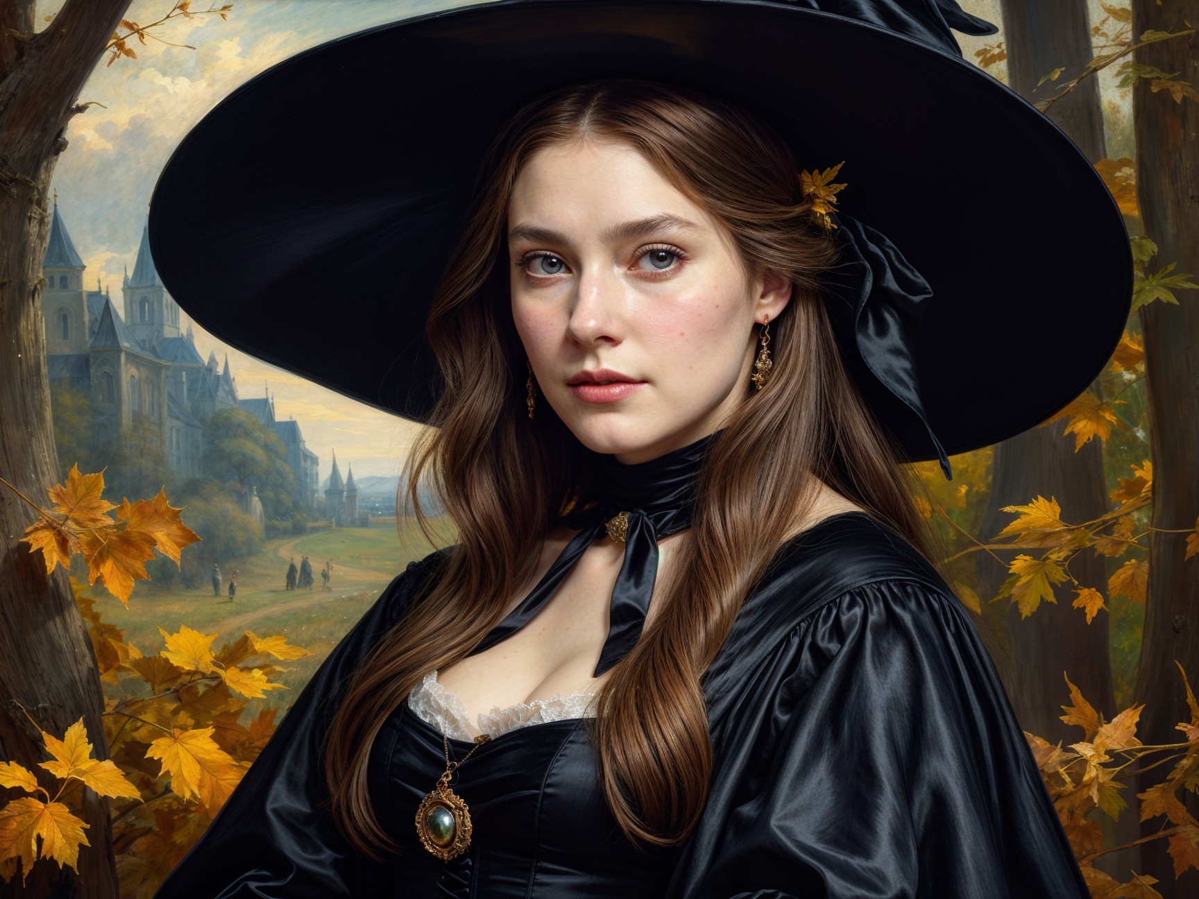 Elegant Witch Hat and Gown in Autumn Landscape