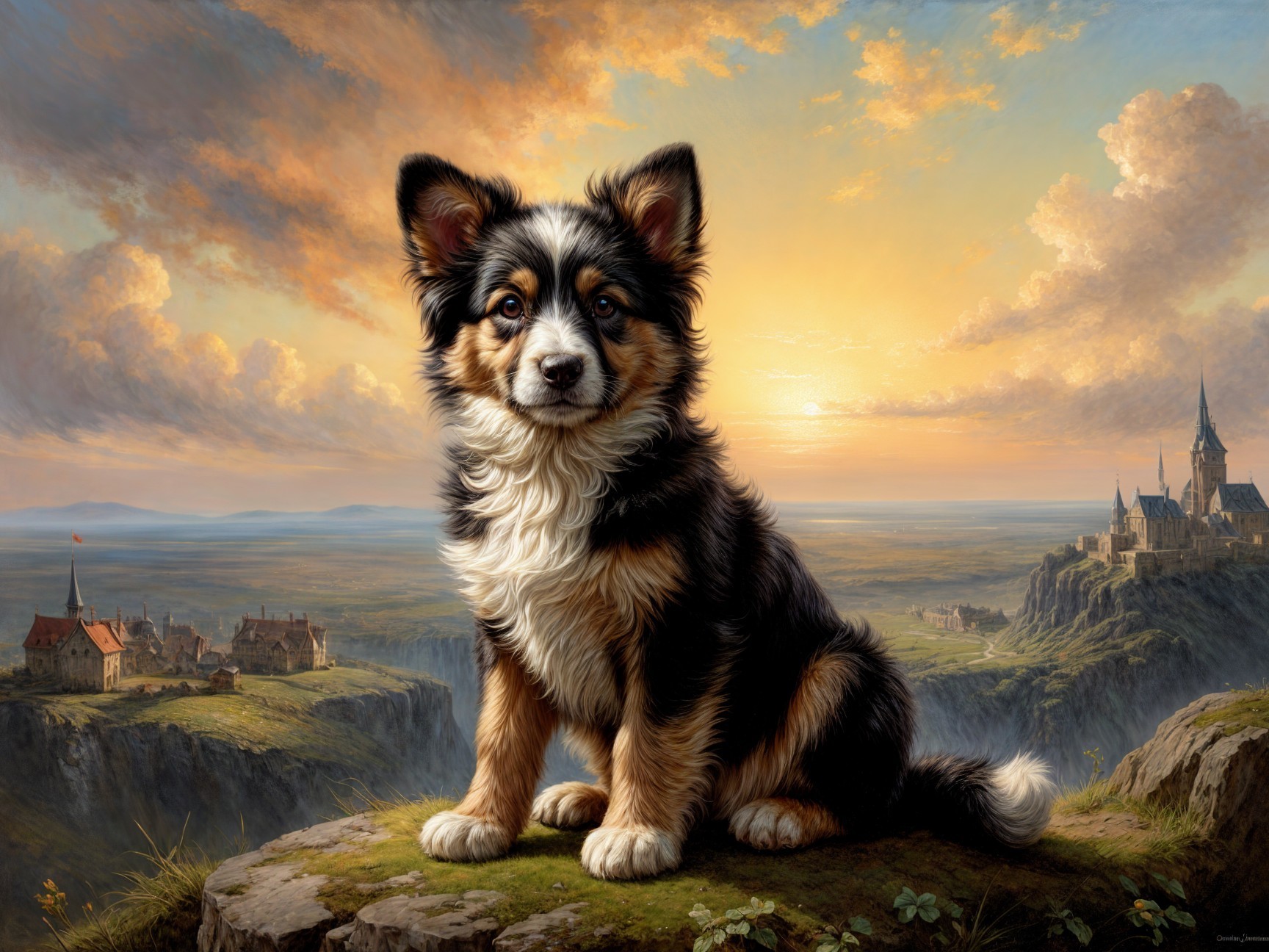 Tri-colored puppy on rocky outcrop at sunset
