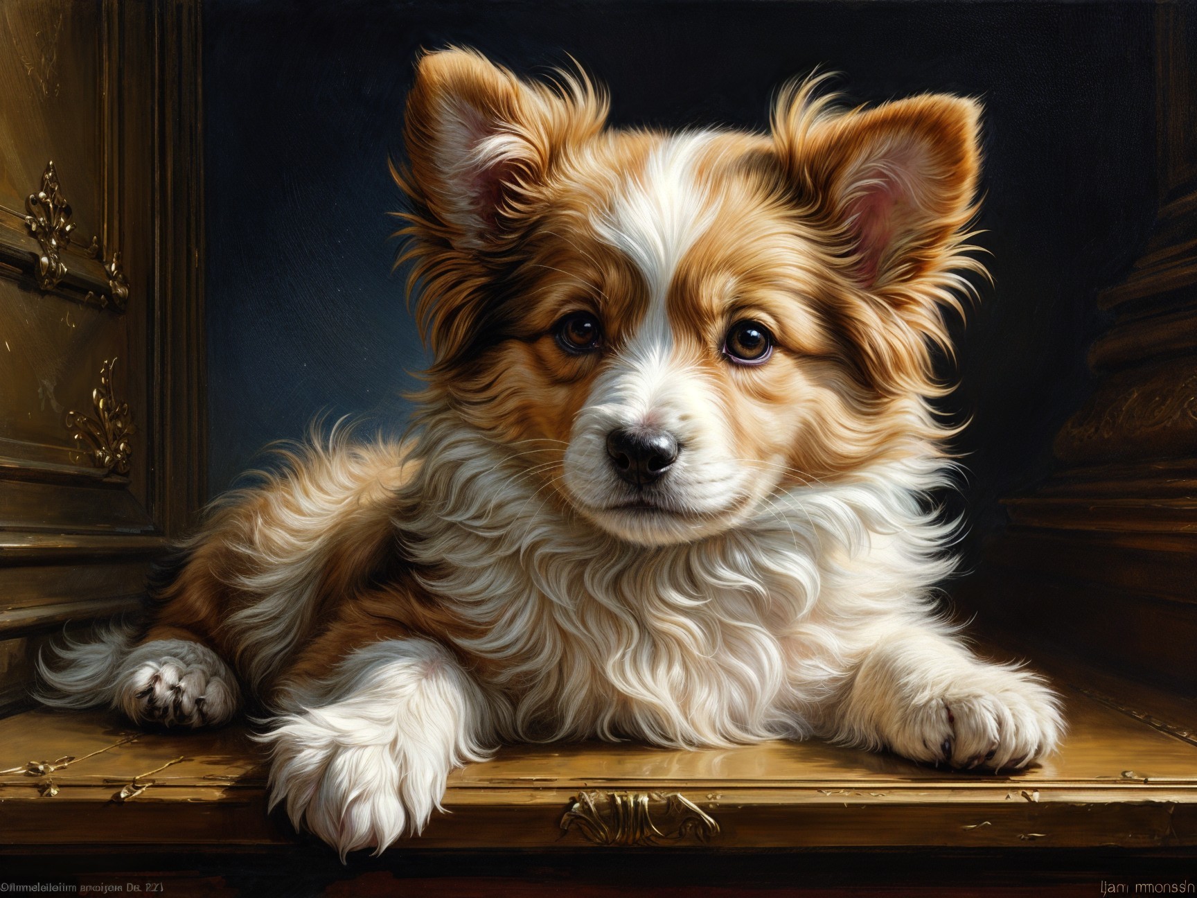 Fluffy Golden and White Puppy in Elegant Setting