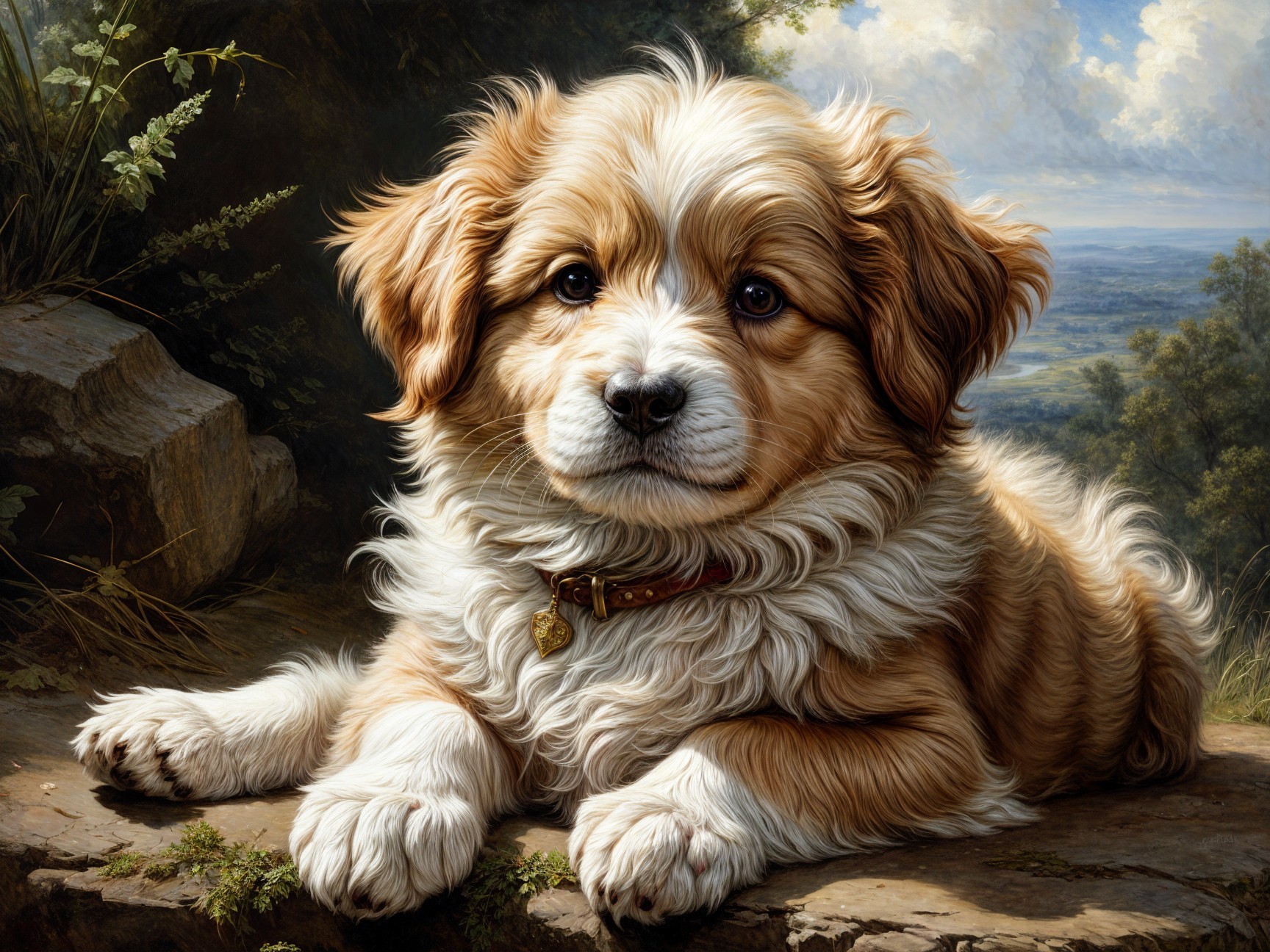 Fluffy Light Brown and White Puppy on Stone Surface