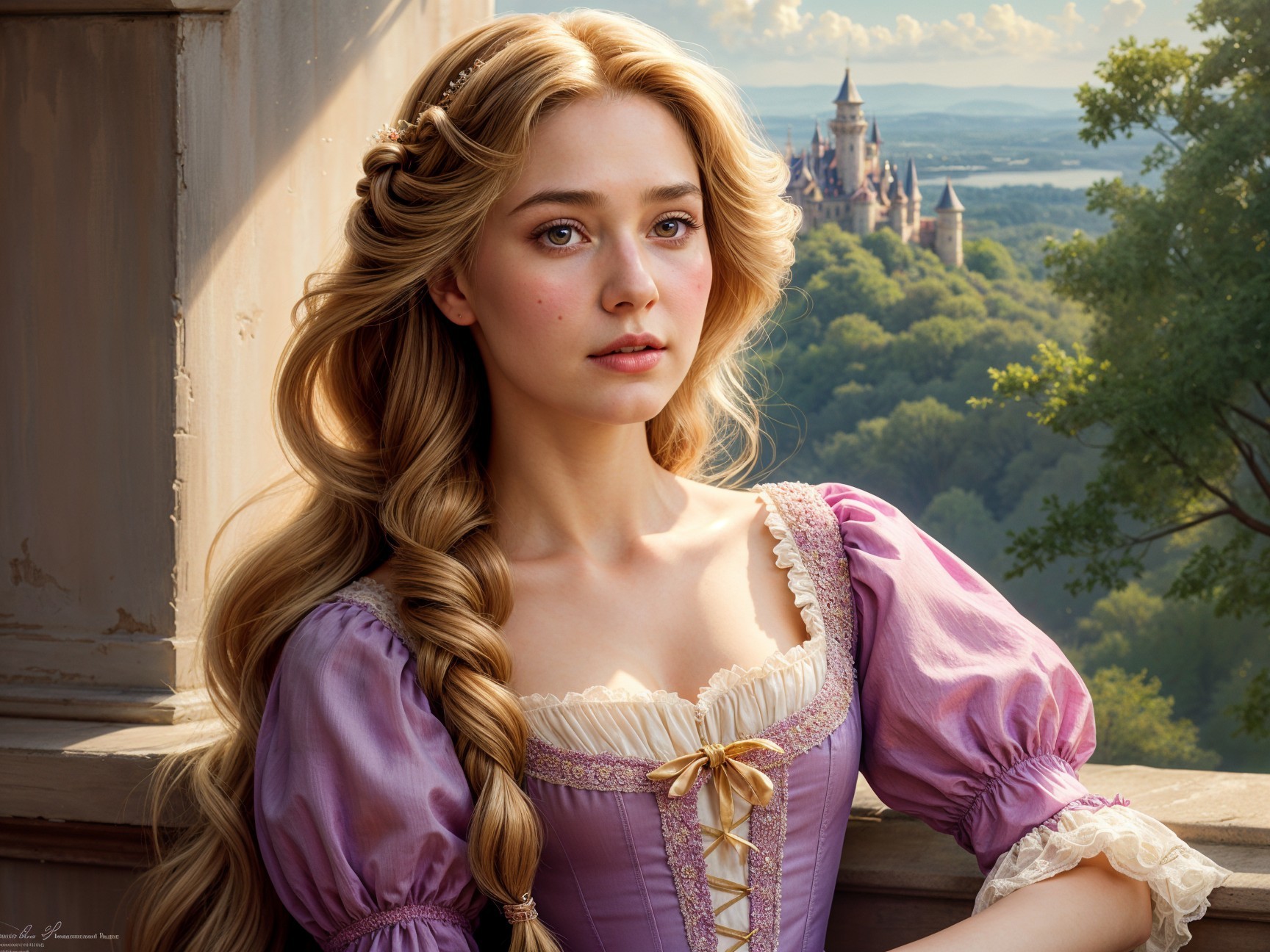Young woman in lavender dress by a castle landscape