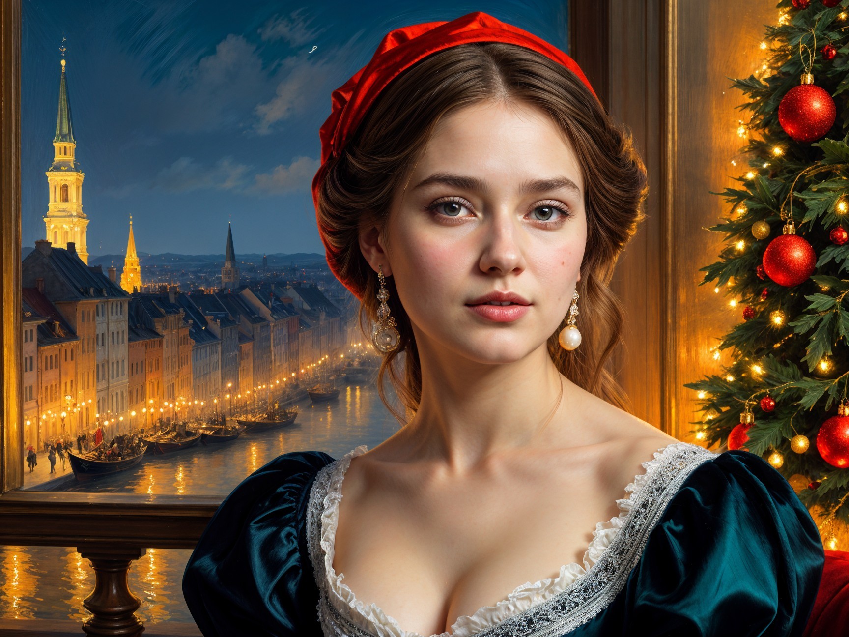 Elegant Dress with Cityscape and Christmas Tree