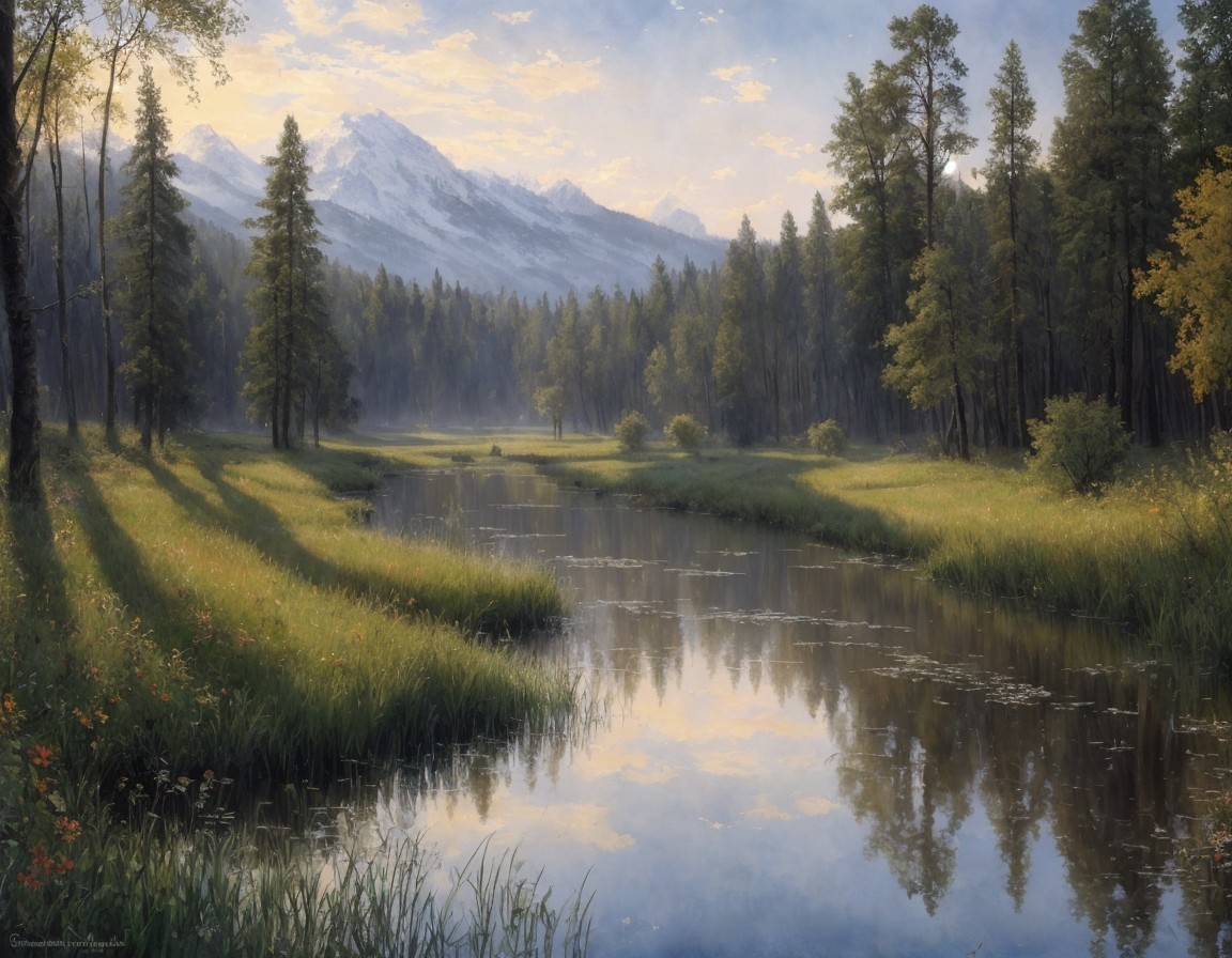 Tranquil landscape painting of river, trees, and mountains