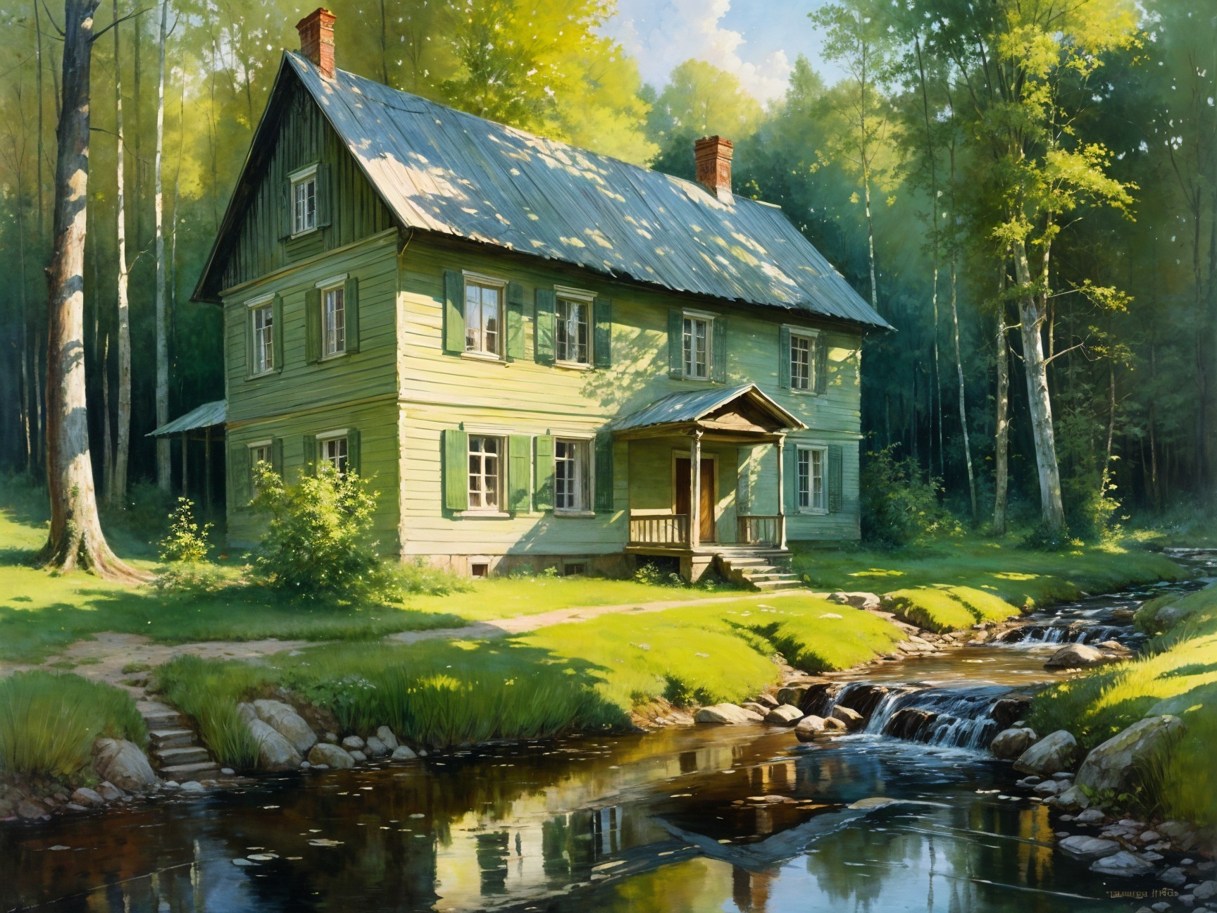 Green Wooden House by Stream in Serene Countryside