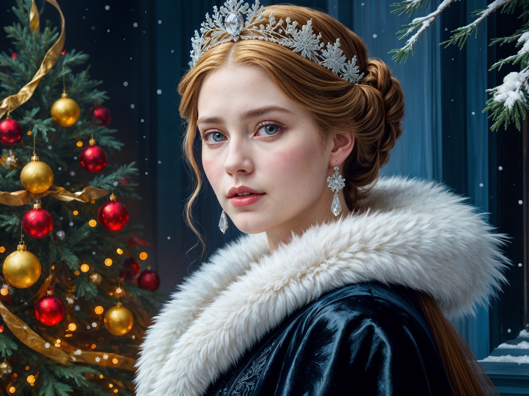 Young woman in festive setting with Christmas tree