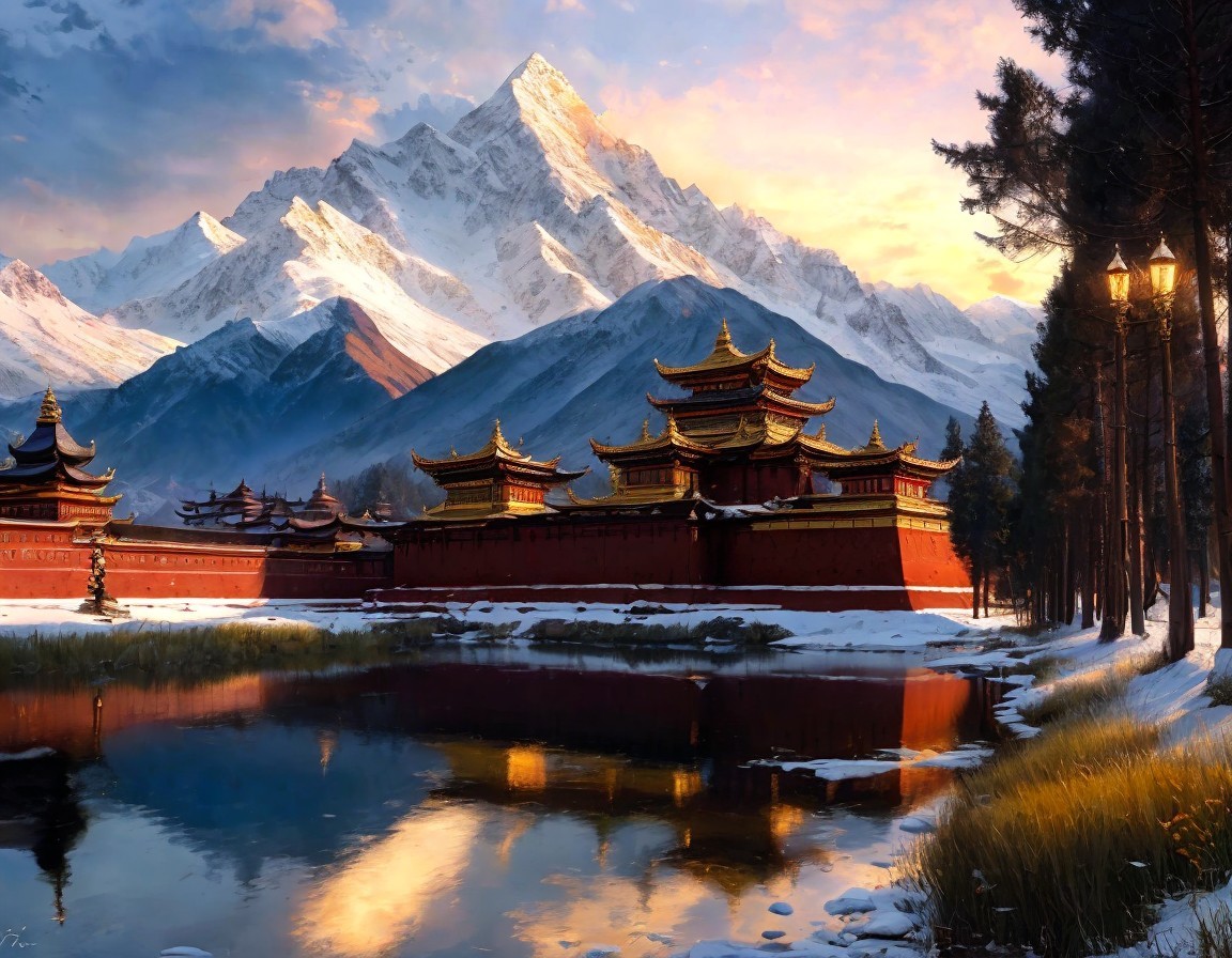 Traditional-style buildings by serene lake, snow-capped mountains, golden sunrise.