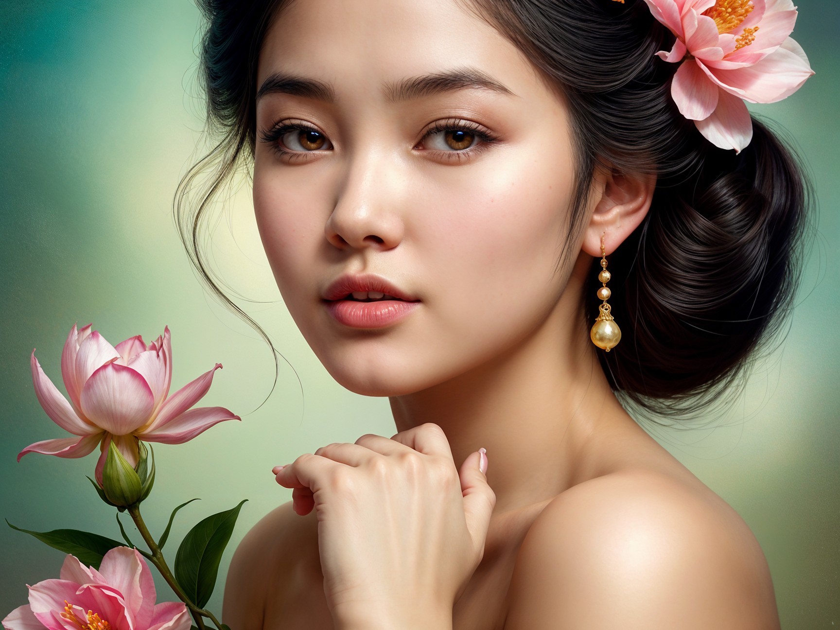 Serene Beauty Portrait of a Young Woman with Flowers