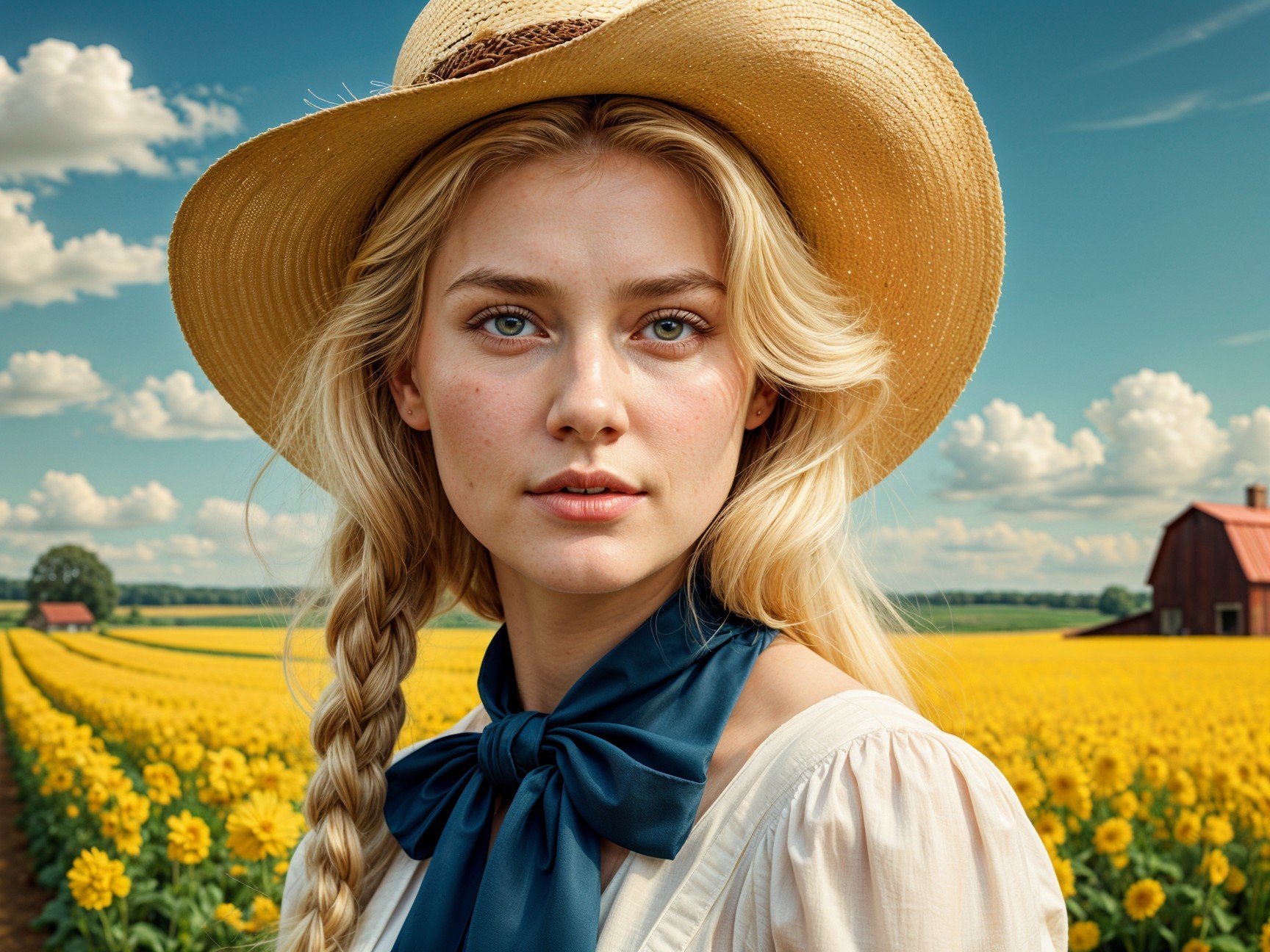 Young Woman in Sunflower Field with Rustic Barn Background