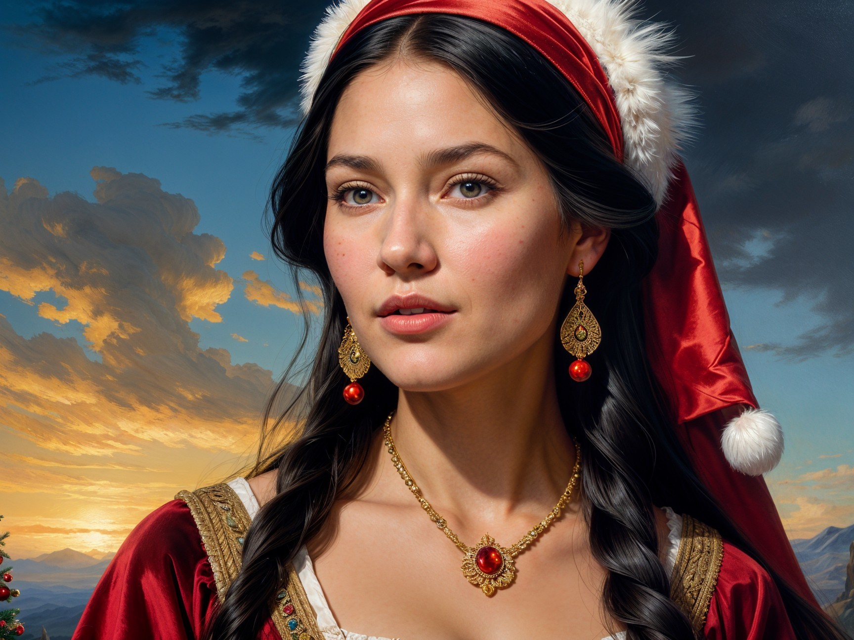 Young woman in festive winter attire against sunset