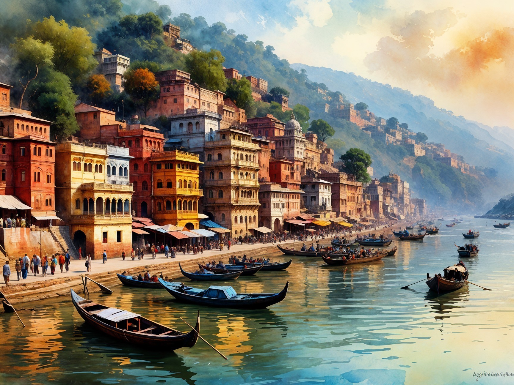 Serene Riverside Scene with Vibrant Terraced Buildings