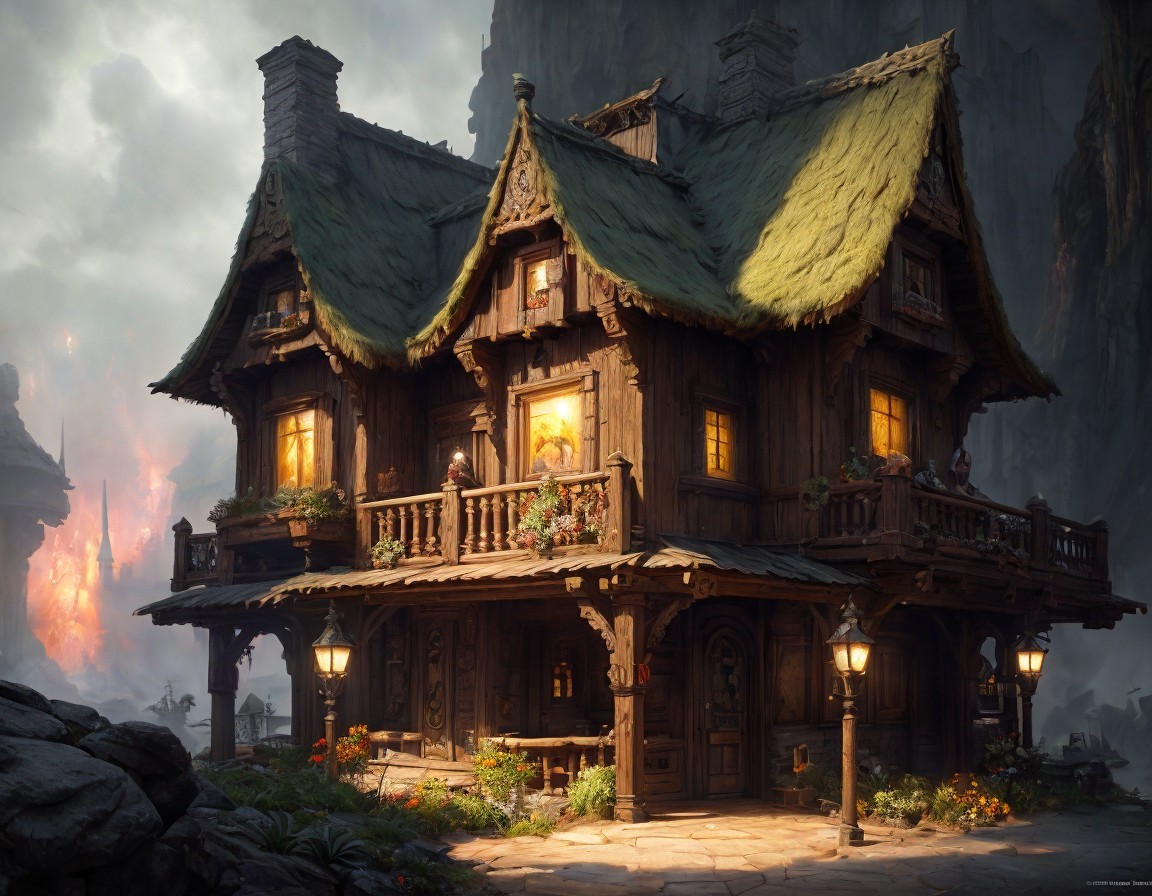 Two-Story Fantasy Cottage with Thatched Roof and Mountains