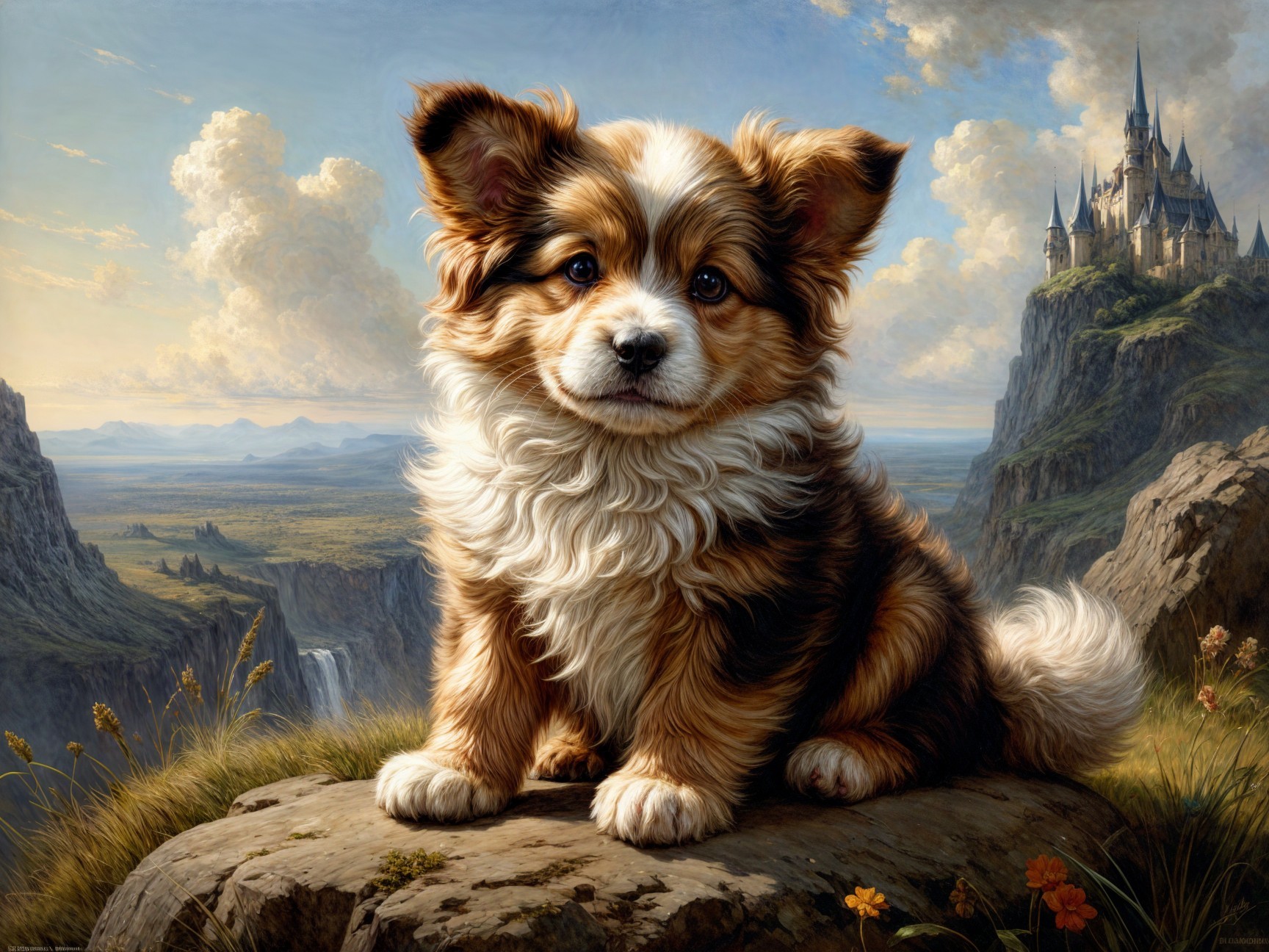 Charming Puppy on Rocky Outcrop with Castle View