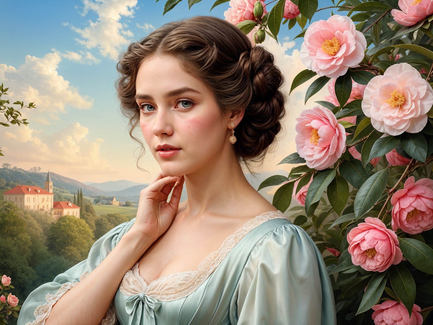 Young woman in blue gown among blooming camellias