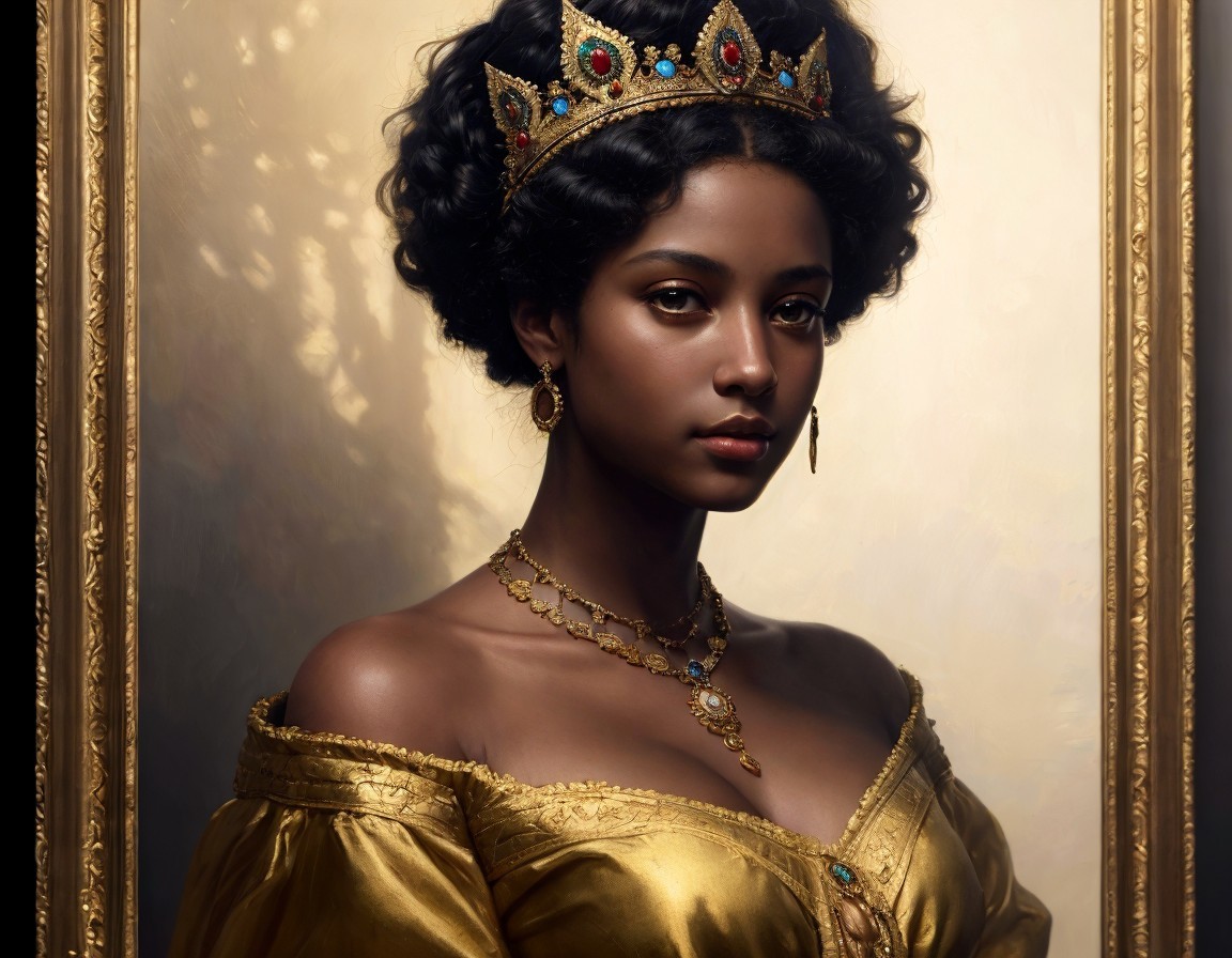 Regal Woman in Golden Dress with Jeweled Crown