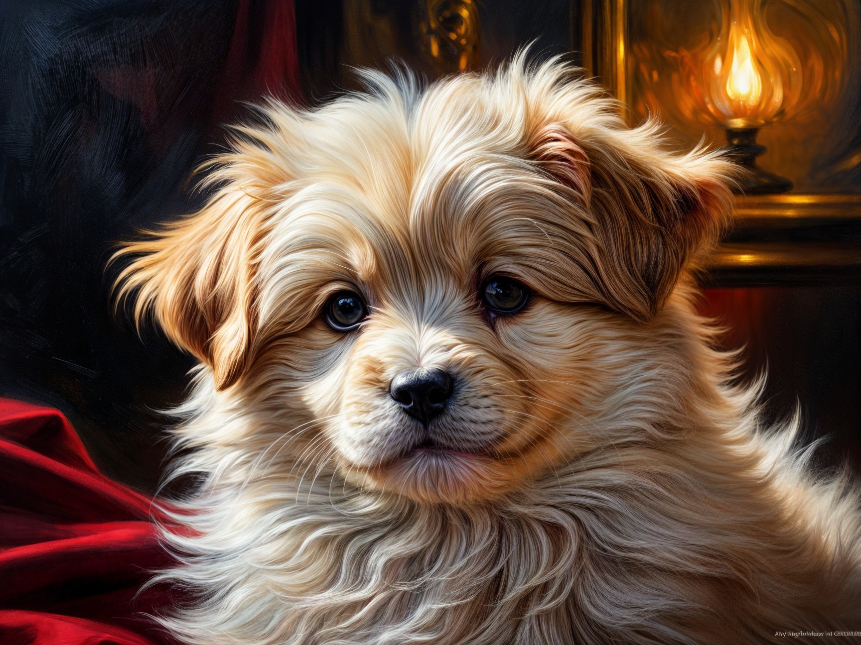 Fluffy Golden Puppy in Cozy Lantern Light